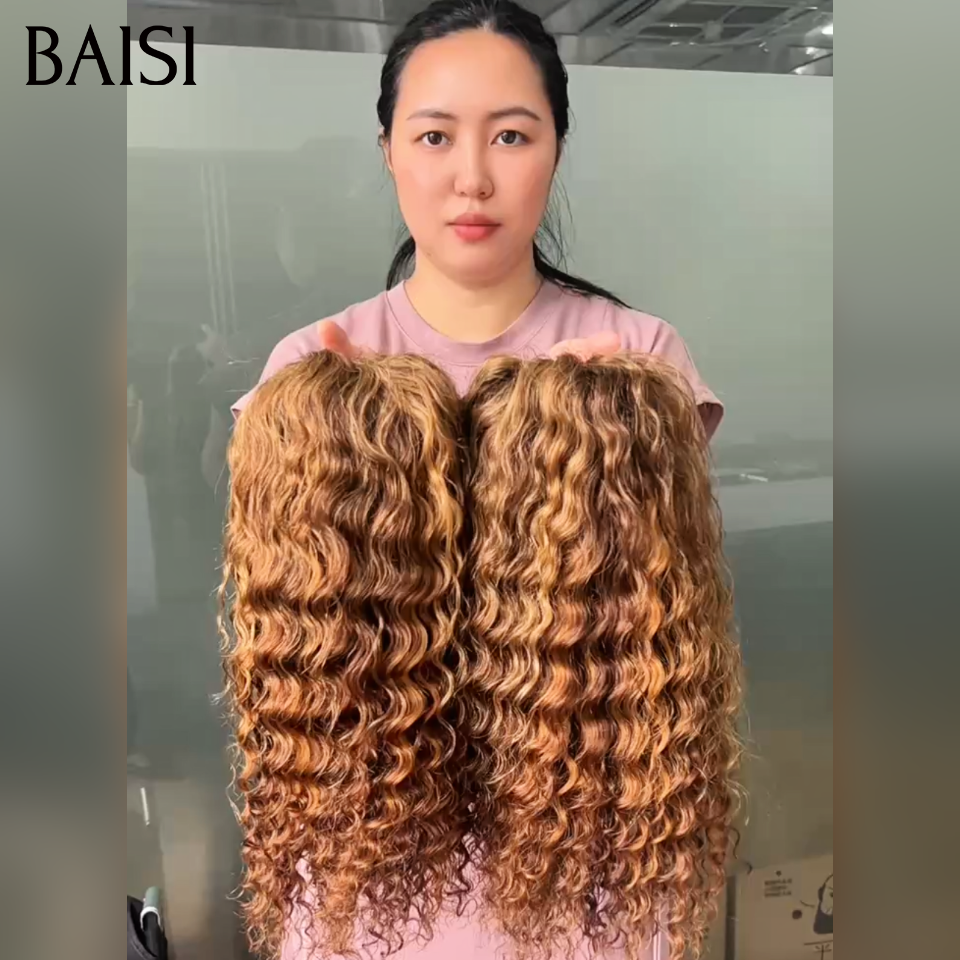 BAISI Perruque 13x4 lace frontal deep wave 14 pouce ou 18 Pouces marron mixte miel en 100% Cheveux Humains