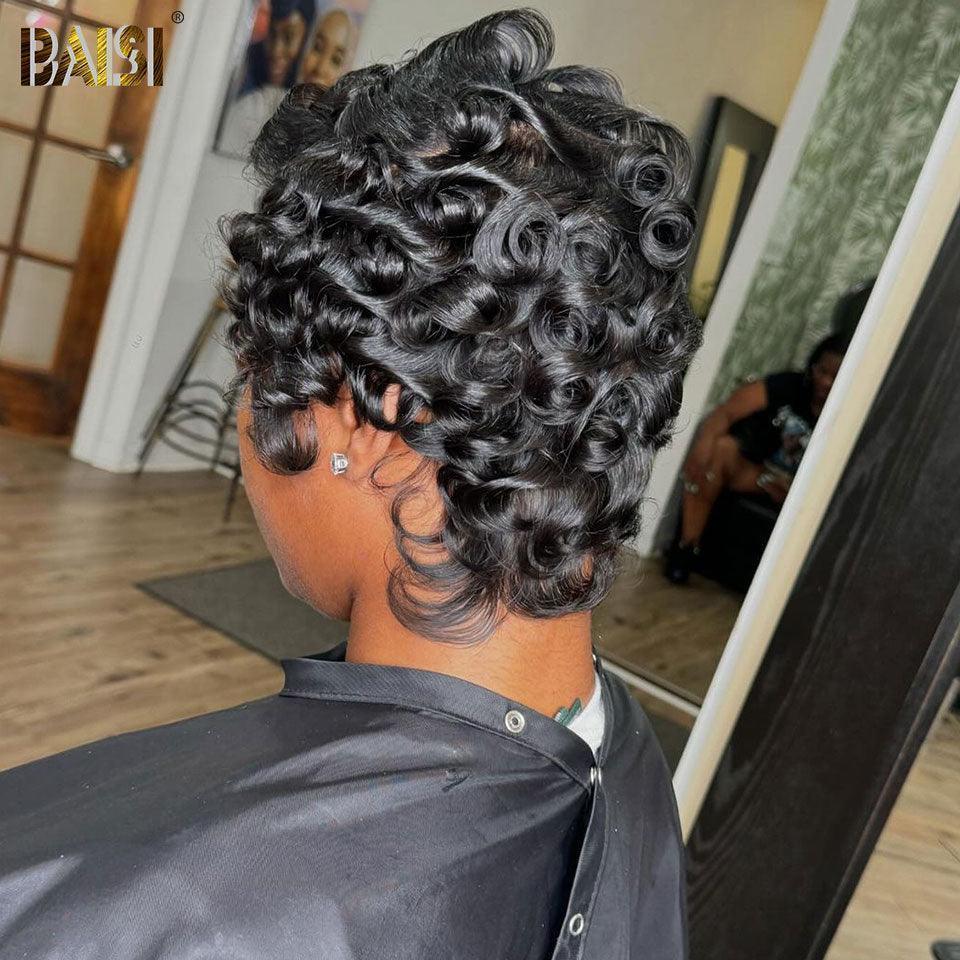BAISI Perruque Full Lace 100% Cheveux Naturels Perruque Ondulée Coupe Pixie Full Lace Finger Wave petite coupe en Couleur Noir en 100% cheveux humains