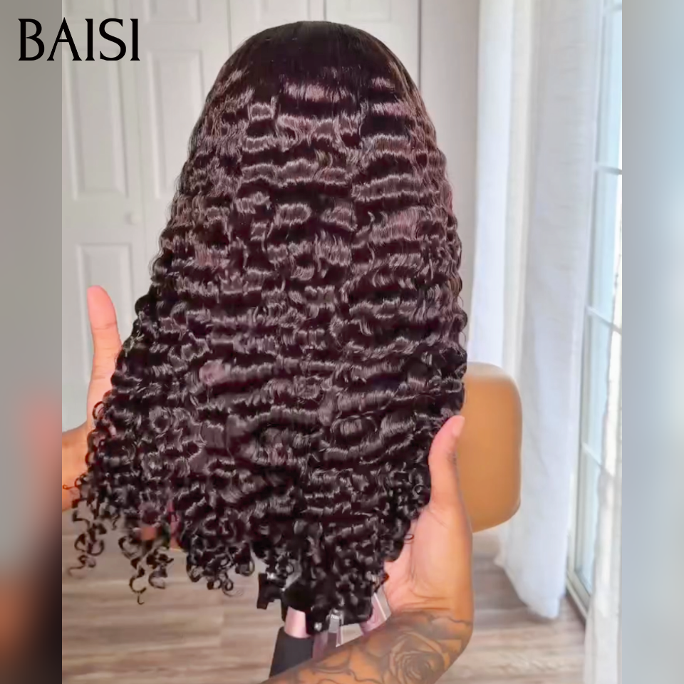 BAISI 5x5 Lace Perruque Curly Burmese Noire Sans Colle 18Pouces à 24Pouces Lace Deja Coupé La Classe au Quotidien en 100% Cheveux Humains