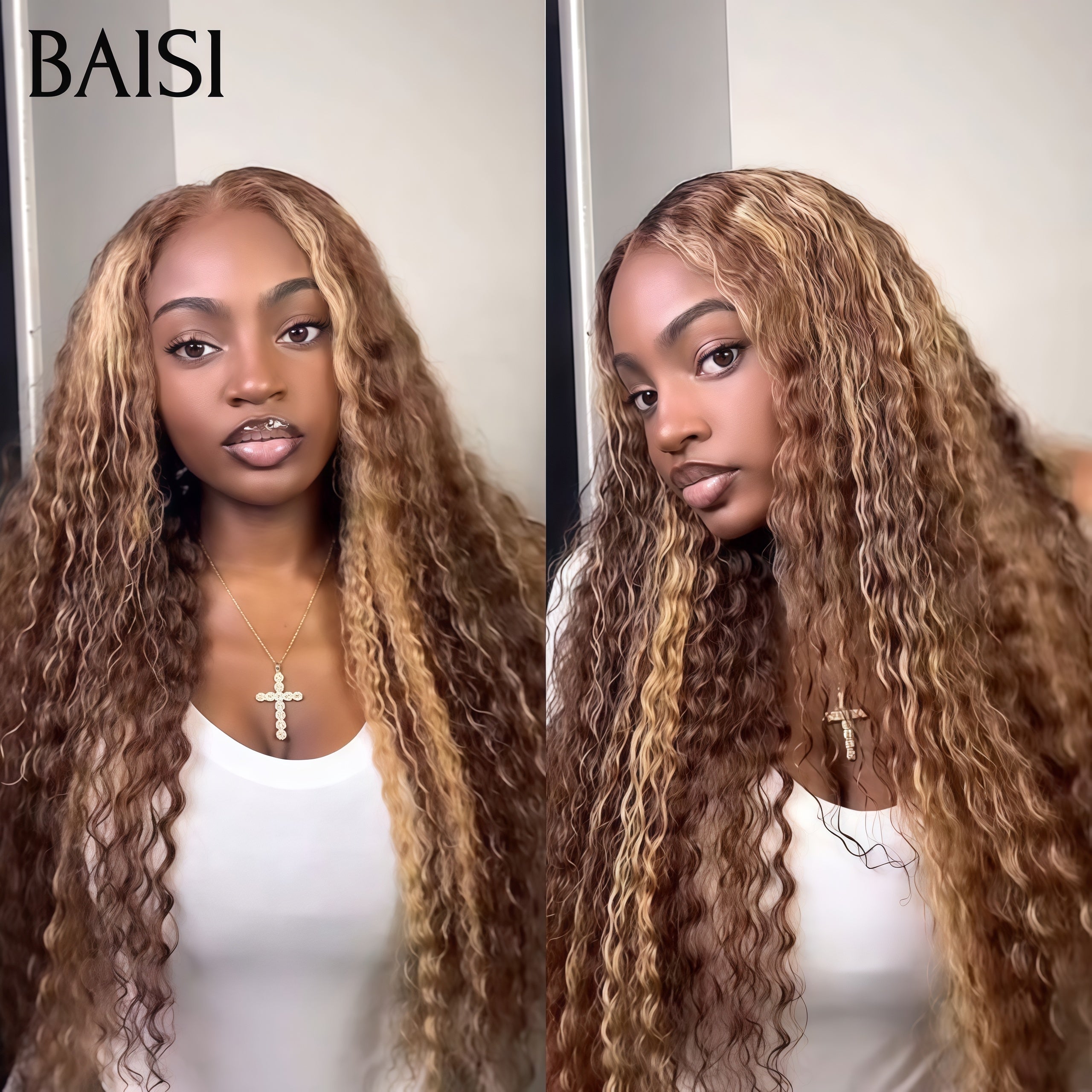 BAISI 13x4 Lace Frontale Lace Perruque Deep wave 30 Pouces 200€ En Couleur Marron Mixte Miel #4#27 + 1 fer gratuite en 100% Cheveux Humains
