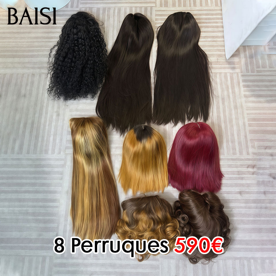 BAISI 8 perruques PROMOTION 590€ 8 styles de perruques différents lisse et bouclé 200% densité en 100% vrais cheveux humains