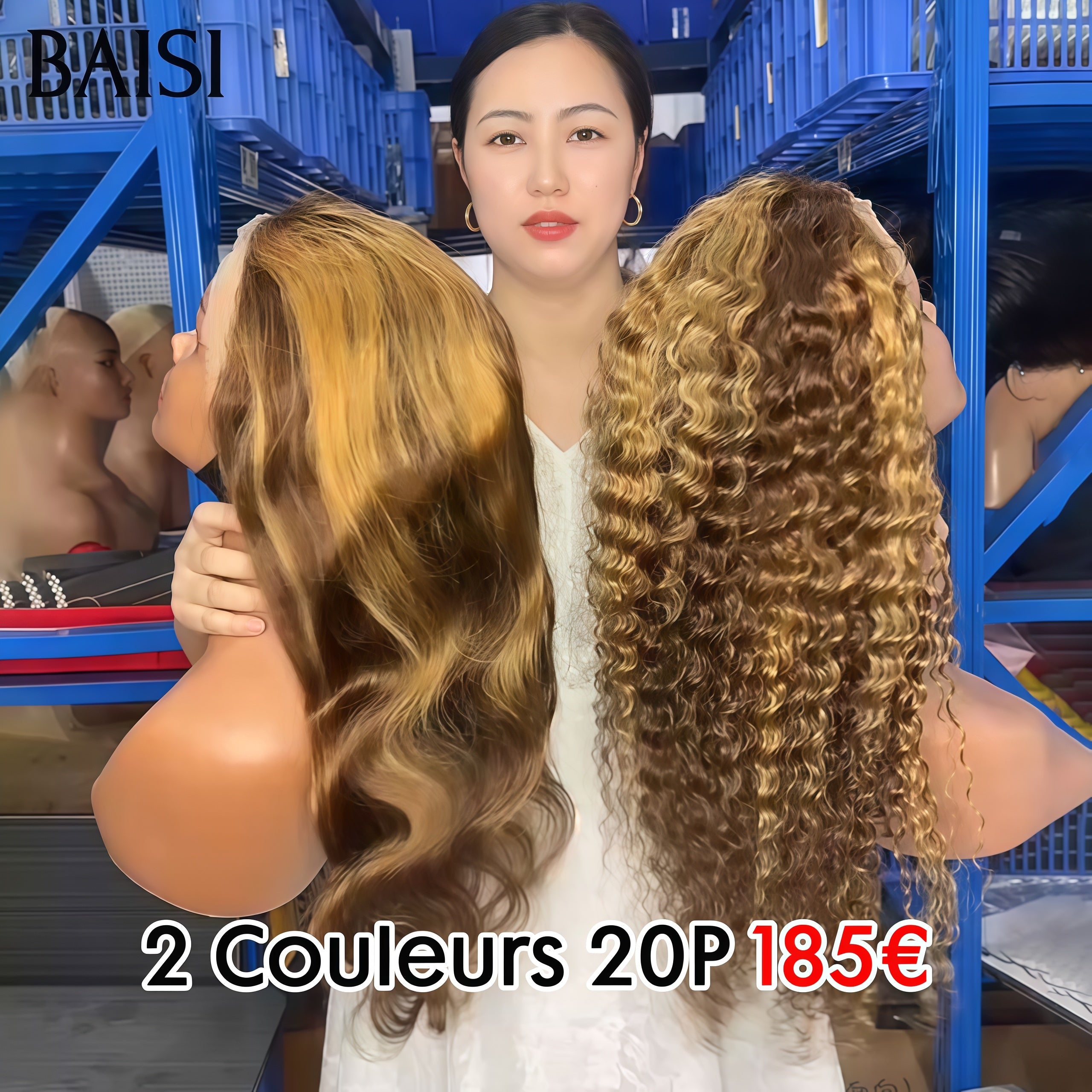 BAISI 2 Perruques 185€ 13X4 lace frontal 20 Pouces Body wave et curly wave en couleur Marron Mixte Miel en 100% vrais cheveux humains
