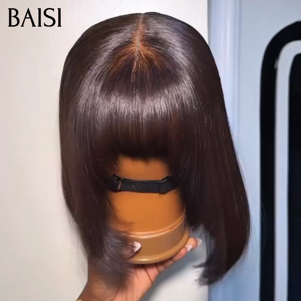 BAISI Perruque Bob Noir Lisse Avec Frange 8 Pouces 75€ Ou 4X4 lace Perruque Bob Lisse Sans Frange 8 Pouces En couleur noir PROMO 60€ Deja en France 100% Cheveux Humains BS65