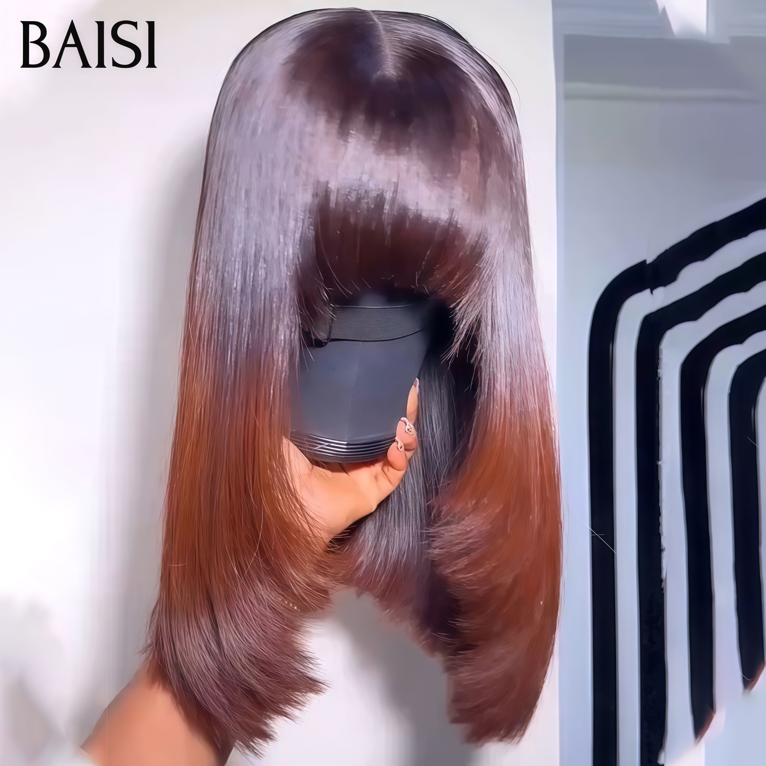BAISI perruque Bob lisse Avec Frange en couleur Marron avec racine NOIR de Luxe 8 Pouces 100% Vietnam Hair