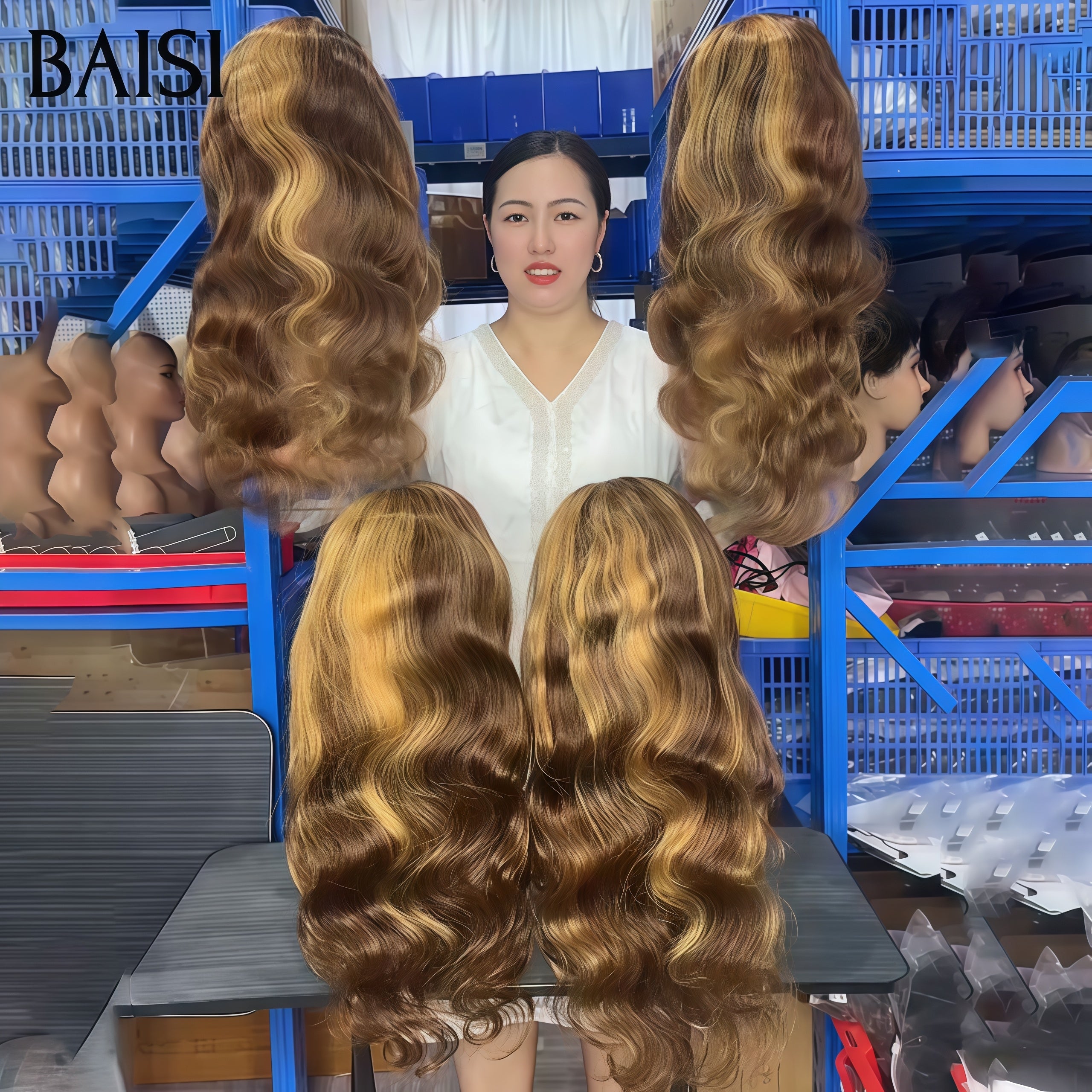 BAISI Luxus-Eierwellen-Perücken mit Pony, hergestellt aus doppelt gezogenem Haar mit natürlichem Mittelscheitel, 300 % Dichte