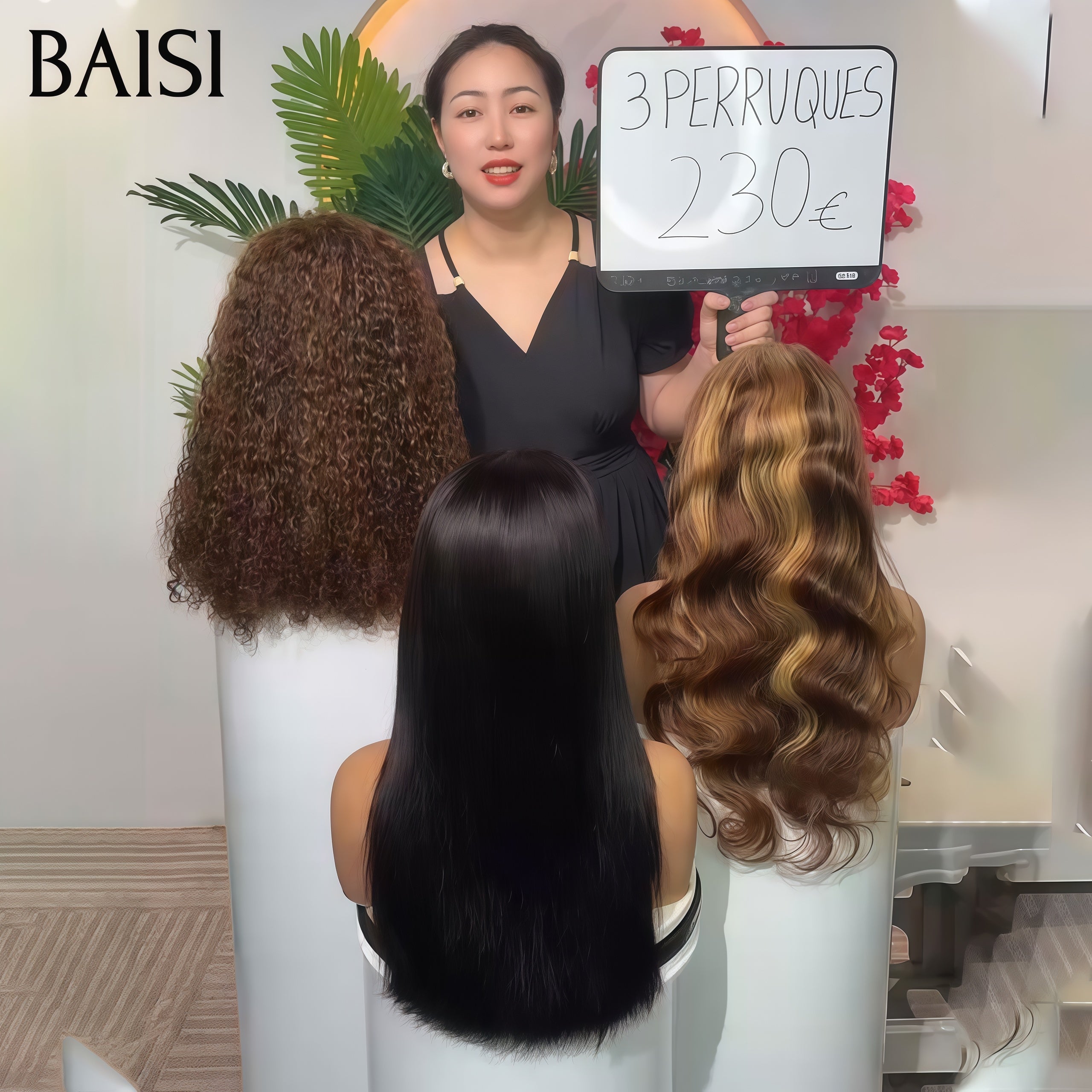 BAISI PROMOTION 230€ 3 perruques Vente en gros 13X4 lace frontal 18 Pouces curly wave mixte et Body wave Mixte et 4x4 lace Lisse NOIR 100% vrais cheveux humains