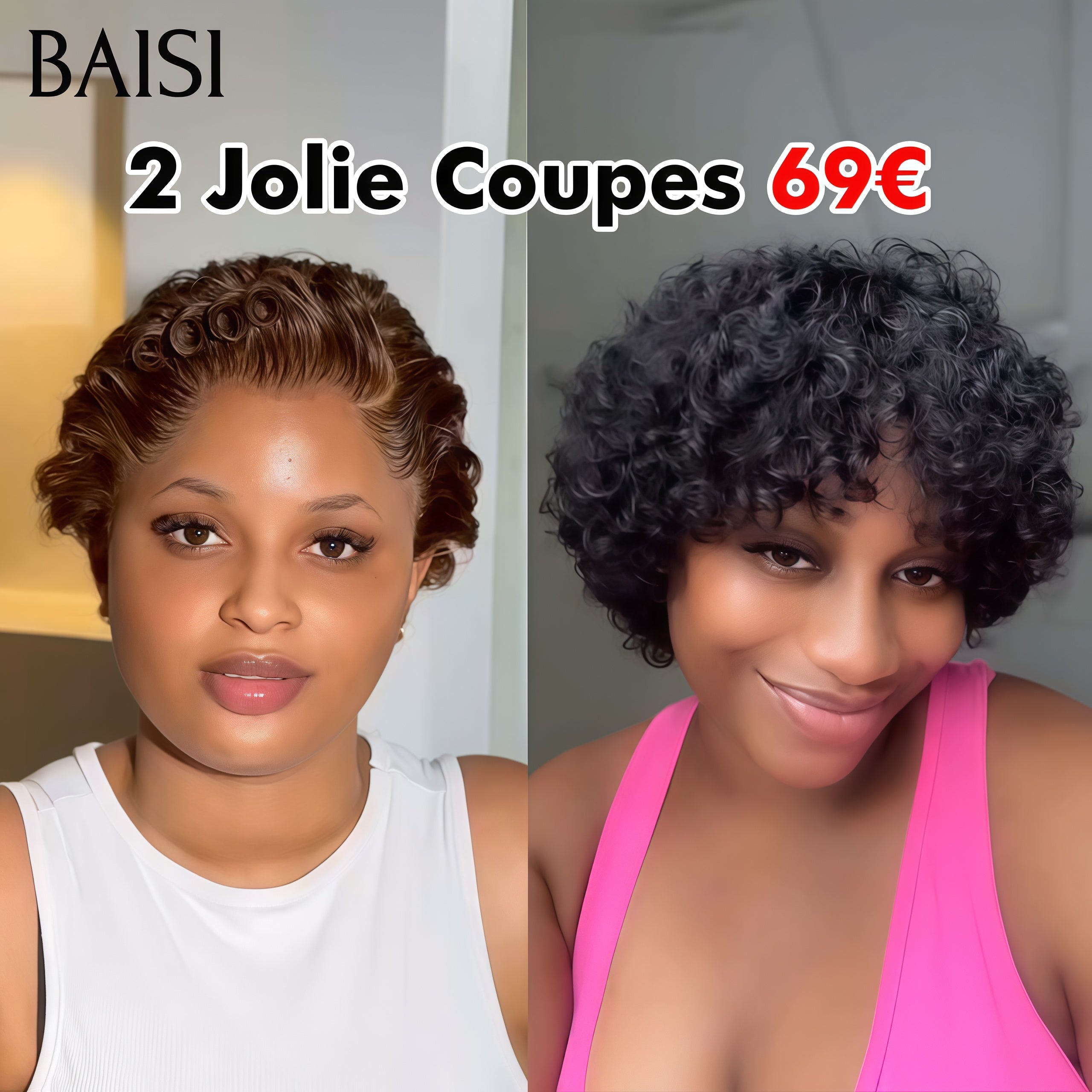 BAISI PROMOTION 69€ 2 perruques pixie 13X4 lace frontal Marron et sans Colle NOIR Moitié Prix 100% vrais cheveux humains