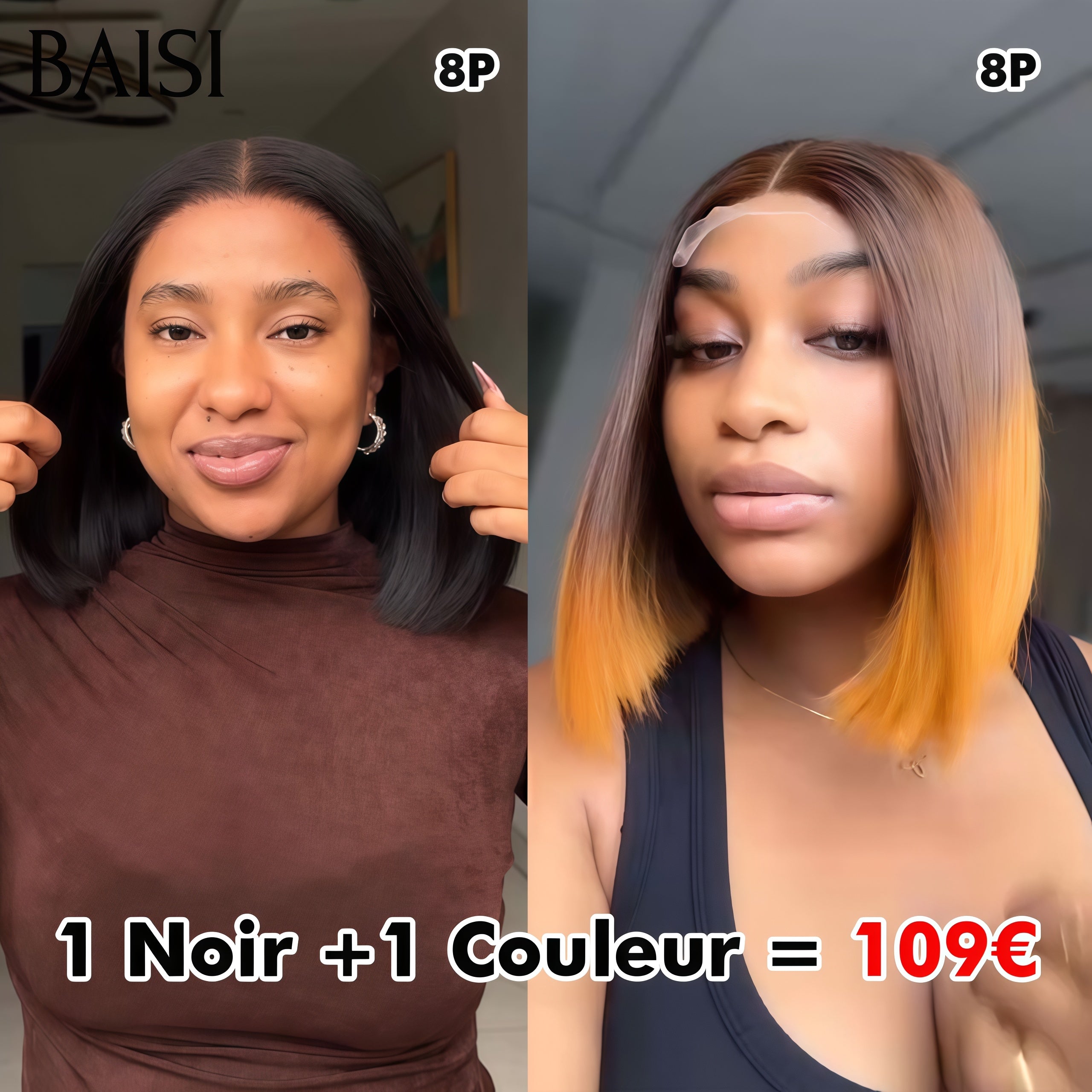BAISI 2 Perruques 1 Noir +1 Couleur = 109€ 4X4 laceclosure 8 Pouces NOIR et 13X4 lace frontal 4T27# en 100% vrais cheveux humains