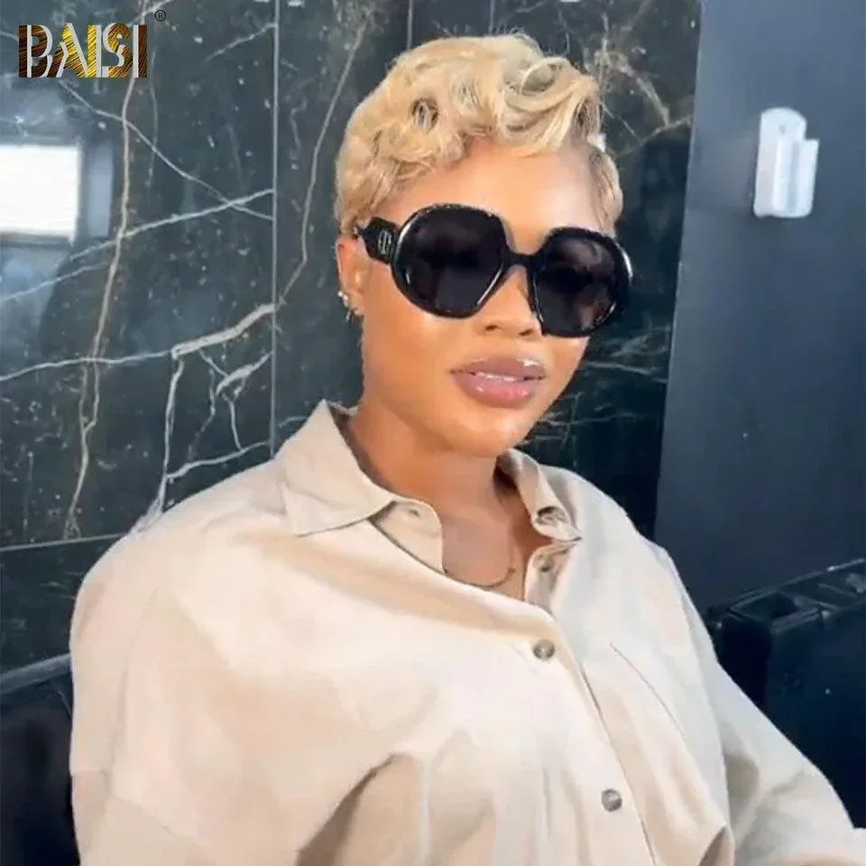 BAISI Pixie Cut Lace Frontal 13x4 liso preto 67€ ou encaracolado em preto e mel 1BT27# 98€ em 100% cabelo humano verdadeiro