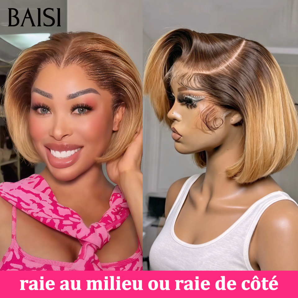 BAISI 13X4 lace Perruque Bob Lisse Couleur Marron Miel 4/27# 10 Pouces 86€ Seulement Raie au milieur ou Raie de Côté Très Bonne Qualité en 100% Cheveux Humains