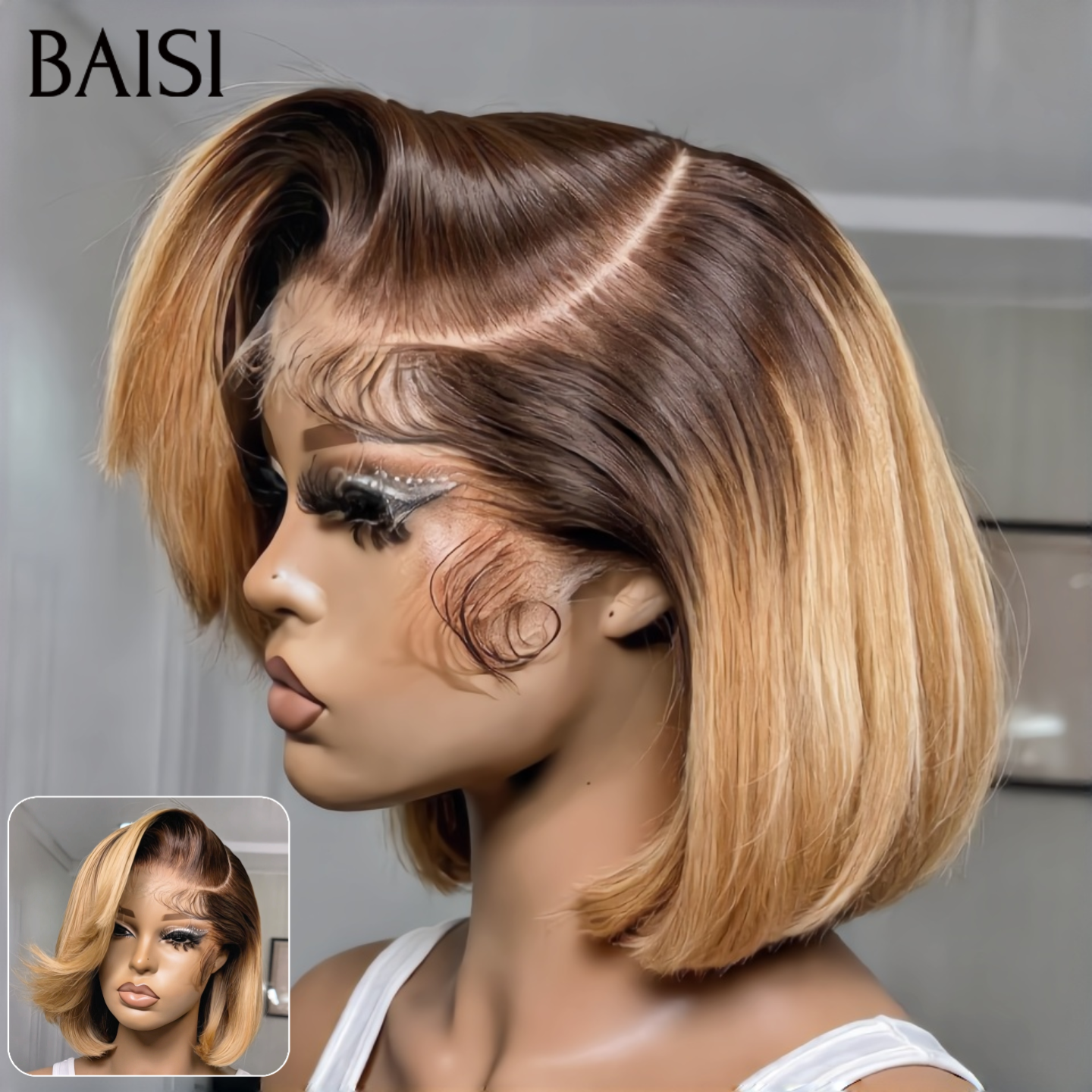 BAISI 13X4 lace Perruque Bob Lisse Couleur Marron Miel 4/27# 10 Pouces 86€ Seulement Raie au milieur ou Raie de Côté Très Bonne Qualité en 100% Cheveux Humains