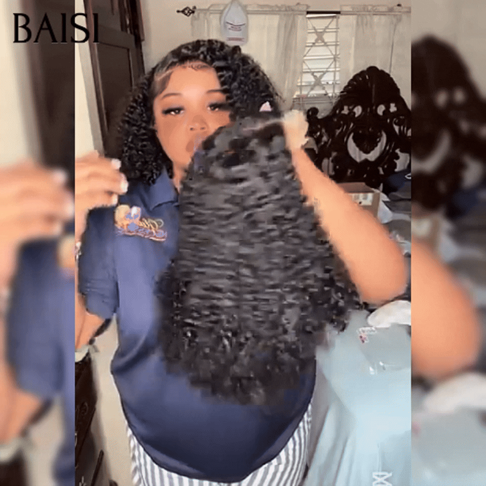 BAISI Perruques 4x4 Lace closure Perruque 250% de volume water wave en couleur noir 10 pouces 75€en 100% Cheveux Humains