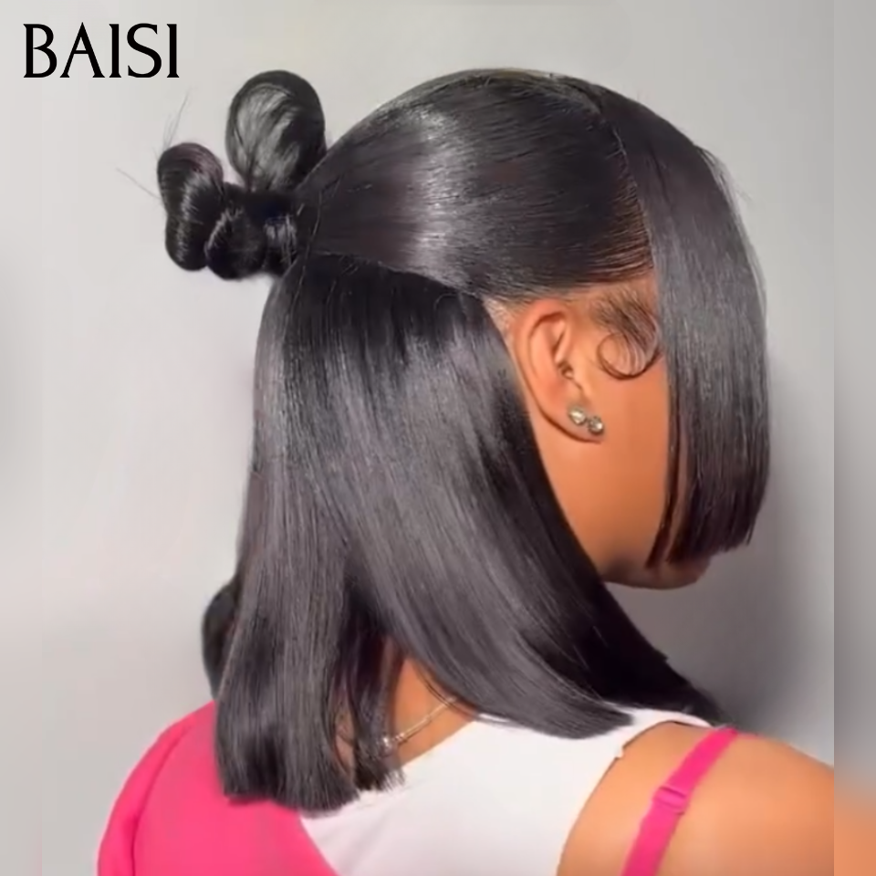 BAISI 13x4 lace Perruque Coiffée Bob Lisse Noir 1B# 10Pouces 85€ Coiffure Tendance en 100% Cheveux Humains