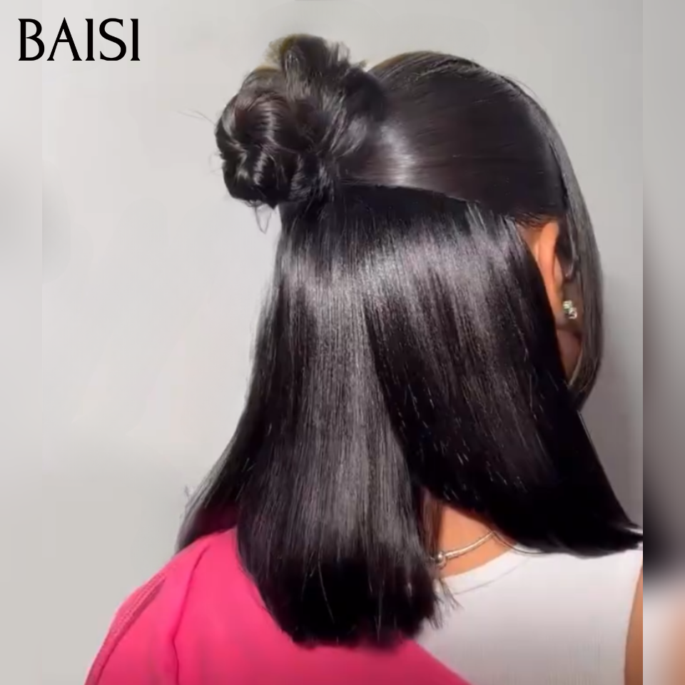 BAISI 13x4 lace Perruque Coiffée Bob Lisse Noir 1B# 10Pouces 85€ Coiffure Tendance en 100% Cheveux Humains