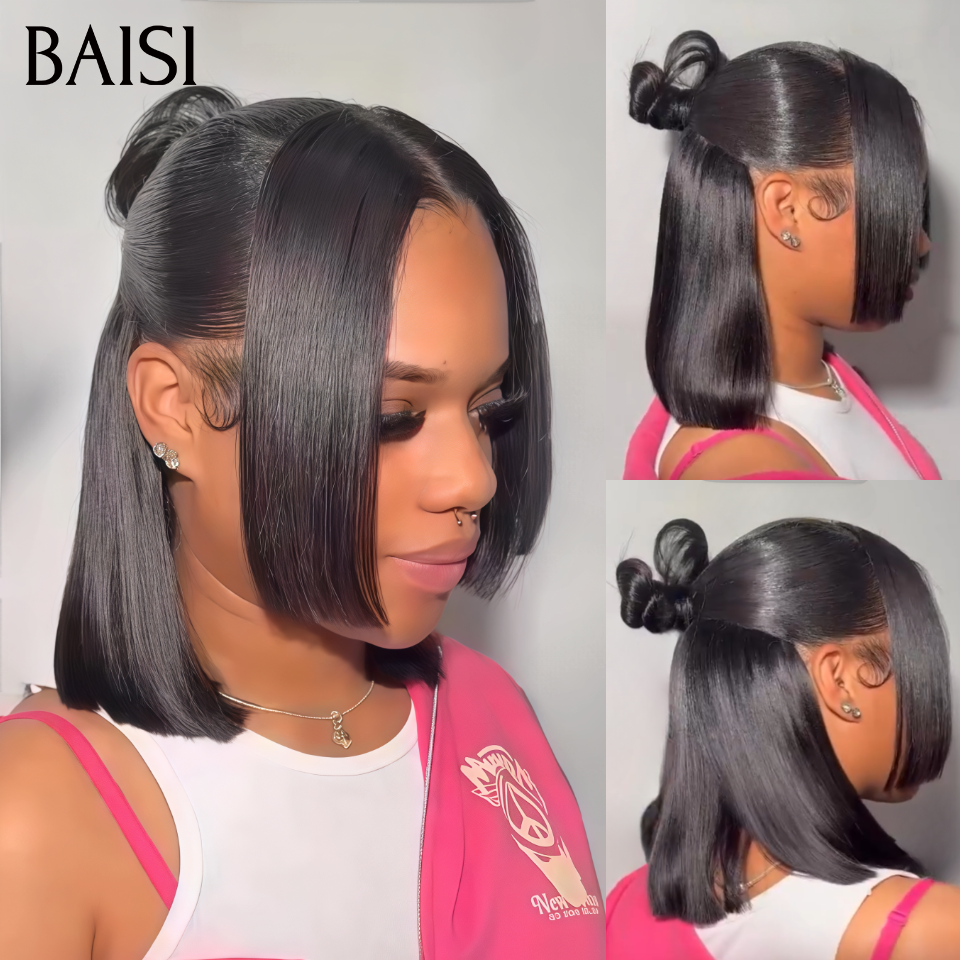 BAISI 13x4 lace Perruque Coiffée Bob Lisse Noir 1B# 10Pouces 85€ Coiffure Tendance en 100% Cheveux Humains