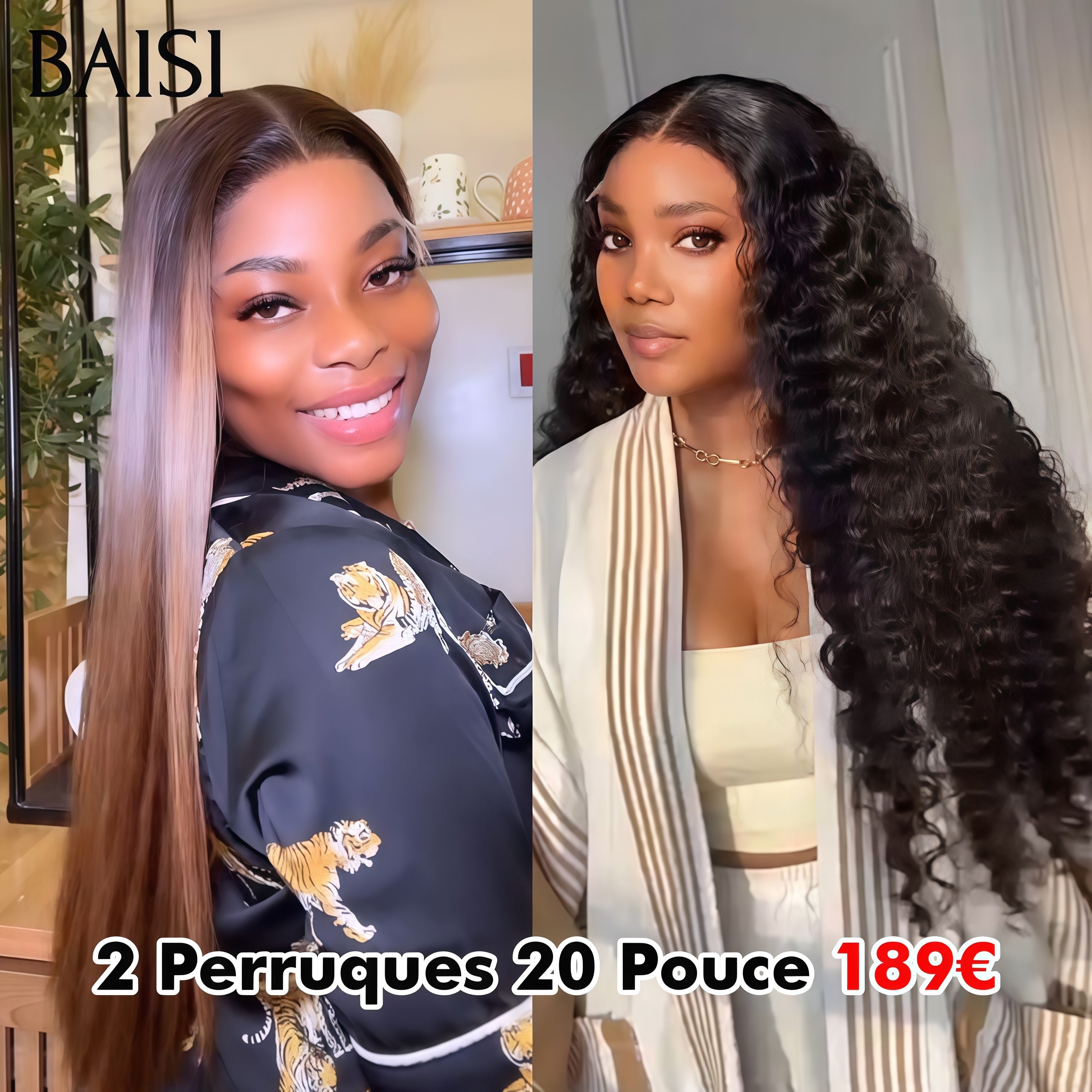 BAISI Lot de 2 perruques PROMOTION 189€ 13X4 lace frontal Lisse Marron Mixte Miel et curly wave 20 Pouces 100% vrais cheveux humains