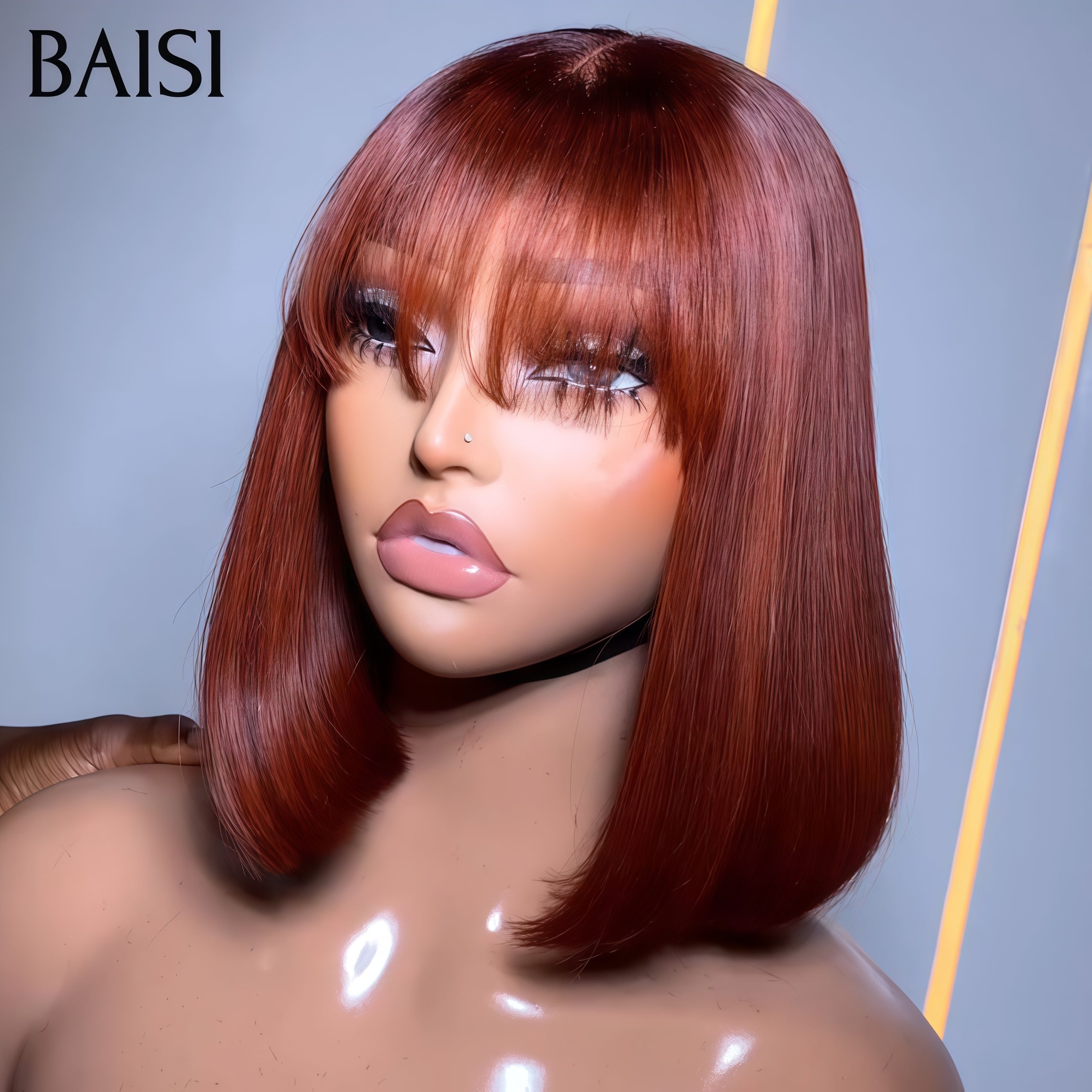 BAISI 66 € Bob-EGG-Wellen-Perücke mit Pony in Schwarz, ohne Kleber, ohne Spitze, aus 100 % Echthaar BAISI20