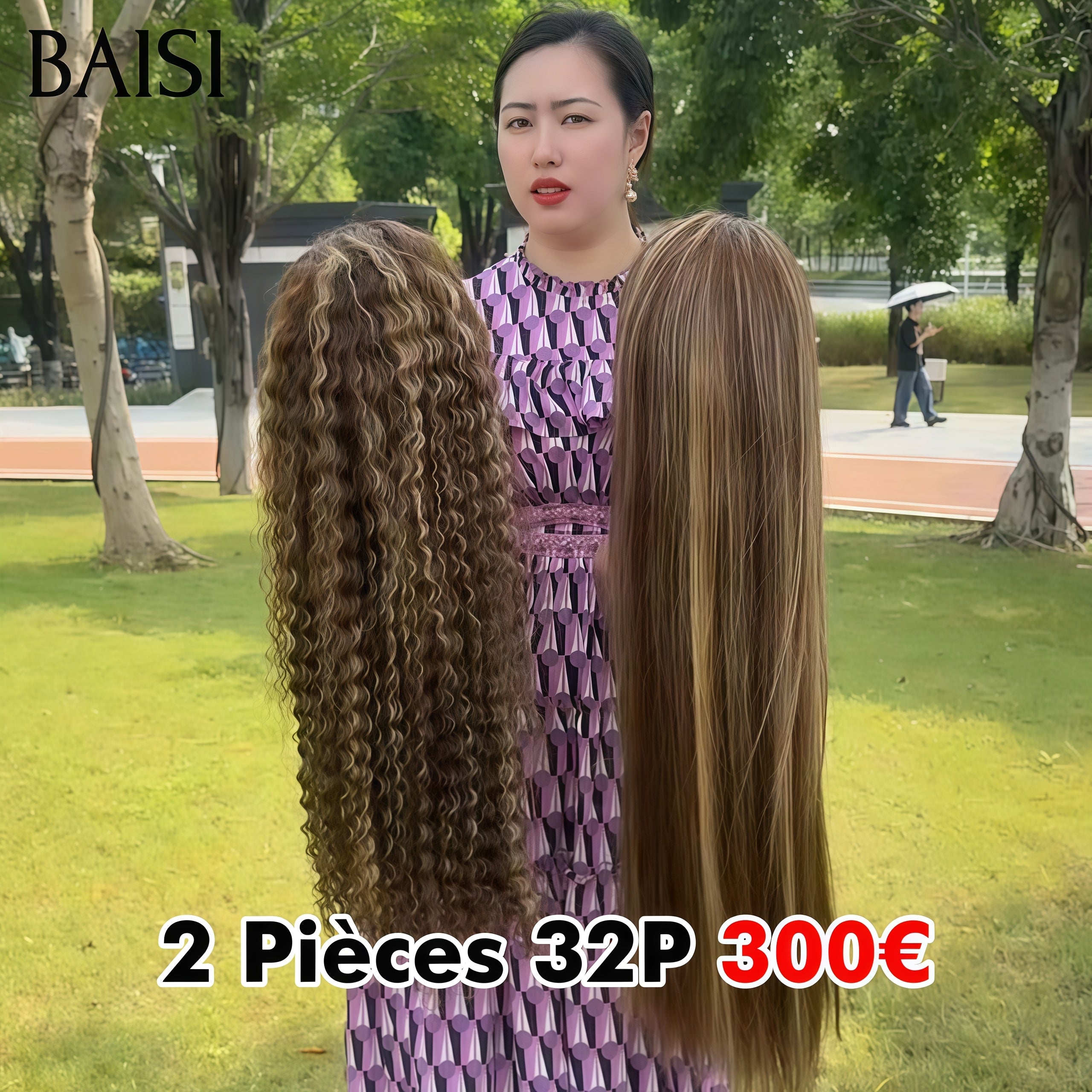 BAISI Lot de 2 perruques 300€ 13X4 lace frontal Lisse et curly wave Marron Mixte Miel 32 Pouces 100% vrais cheveux humains VIP100
