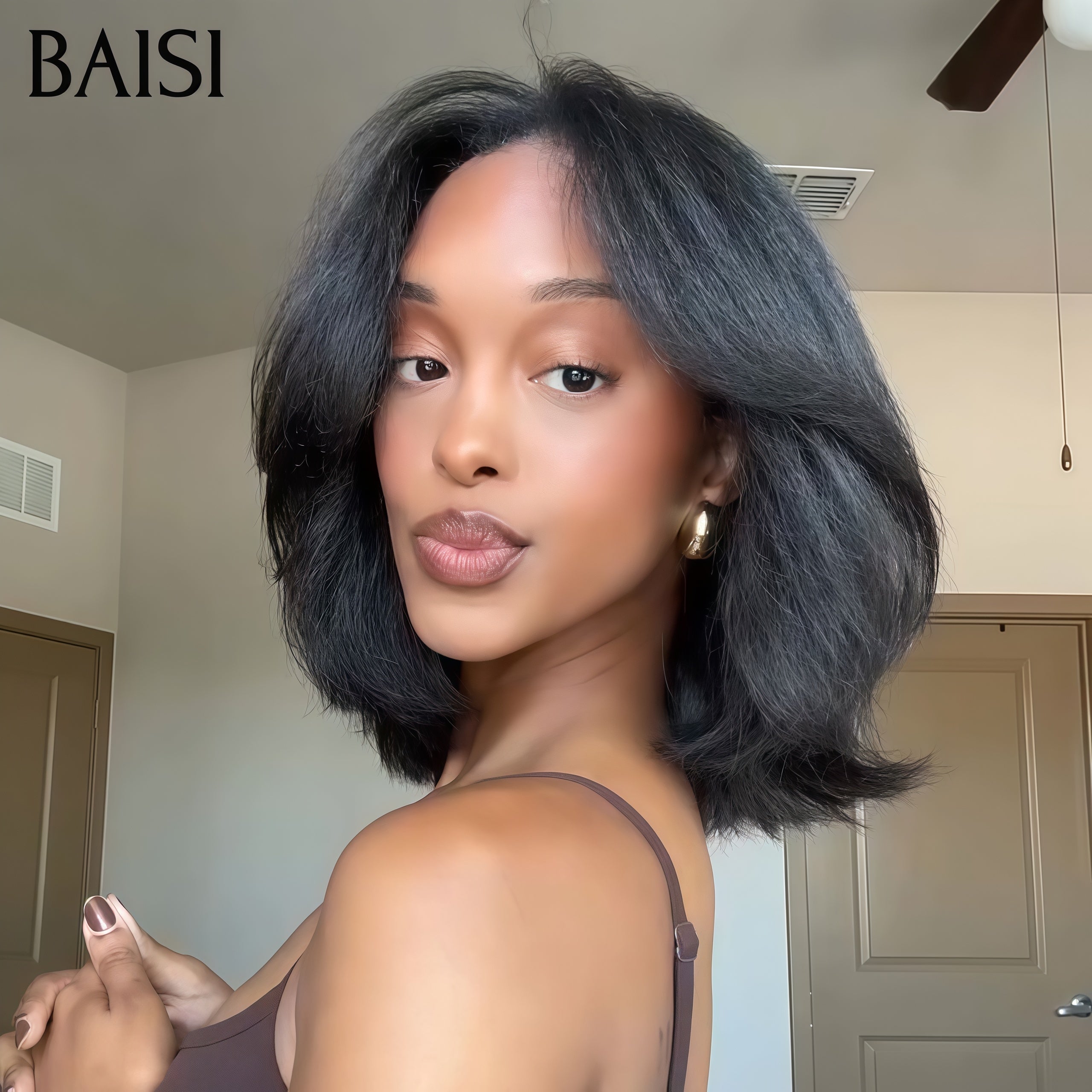 BAISI 13x4 Glueless Curly Bob Wig in Black 8-14 Inch Lace Front Easy to Wear 100% Human Hair