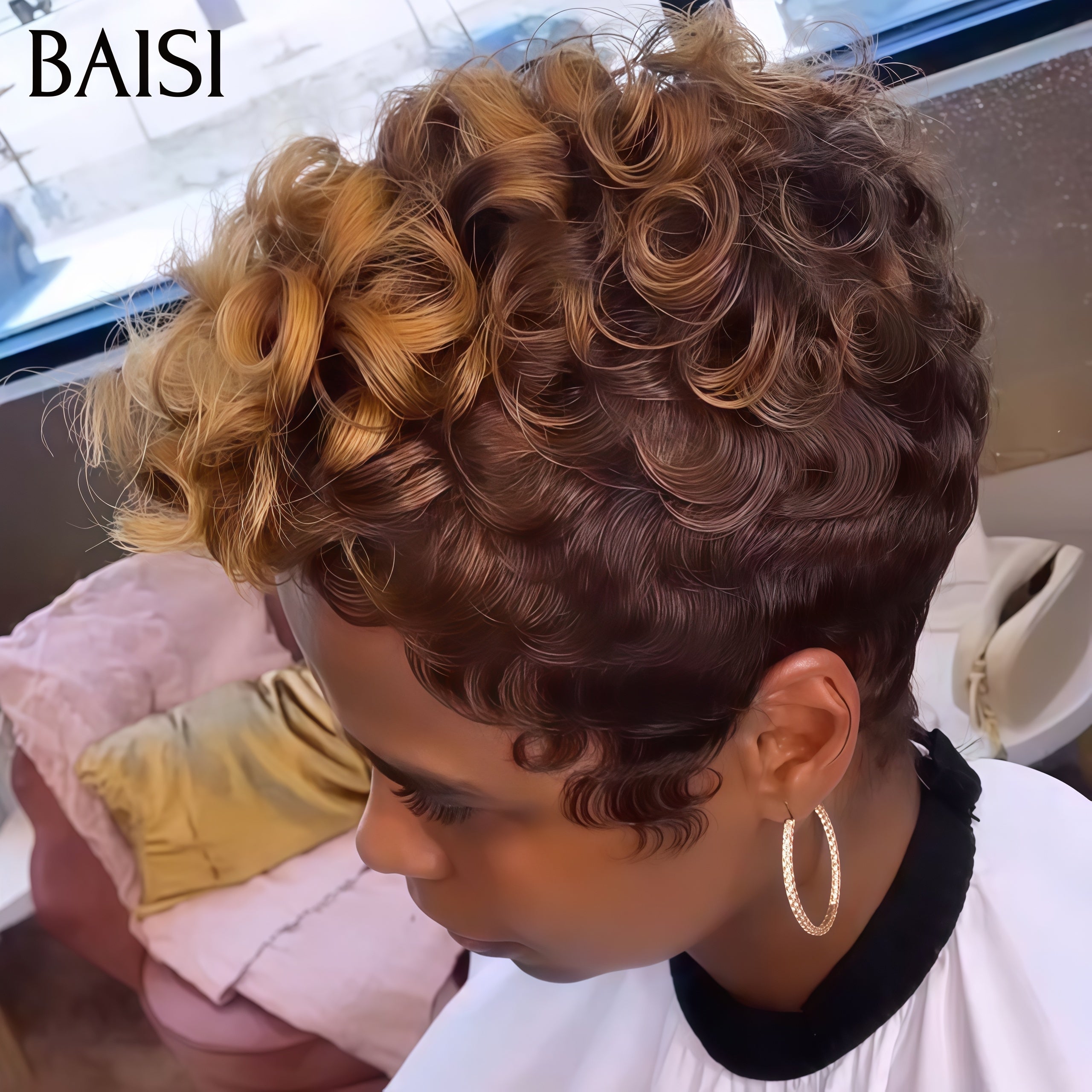 BAISI 13X4 lace frontal Perruque Pixie vague Coiffure Marron Mixte Miel Moitié Prix finger wave 105€ en 100% Cheveux Humains MP50