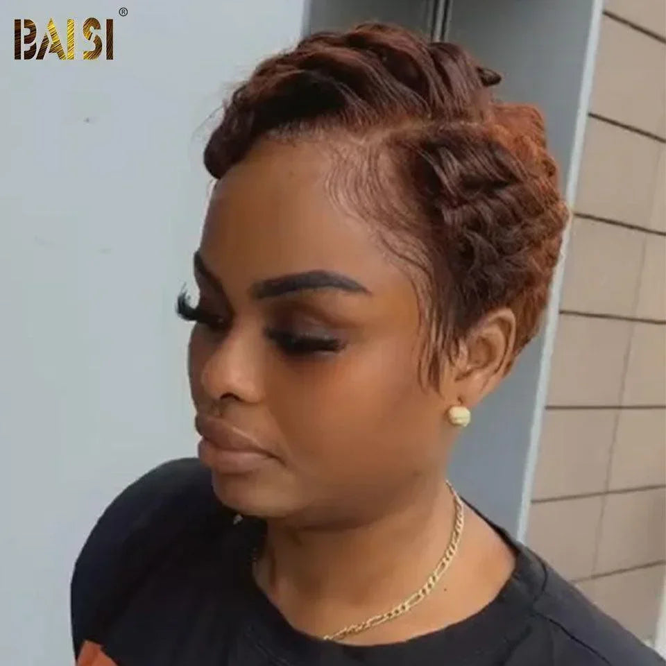BAISI Perruque Pixie Finger Wave petite coupe Lace Frontale en Couleur Marron 4#30# 76€ En 100% Cheveux Humains