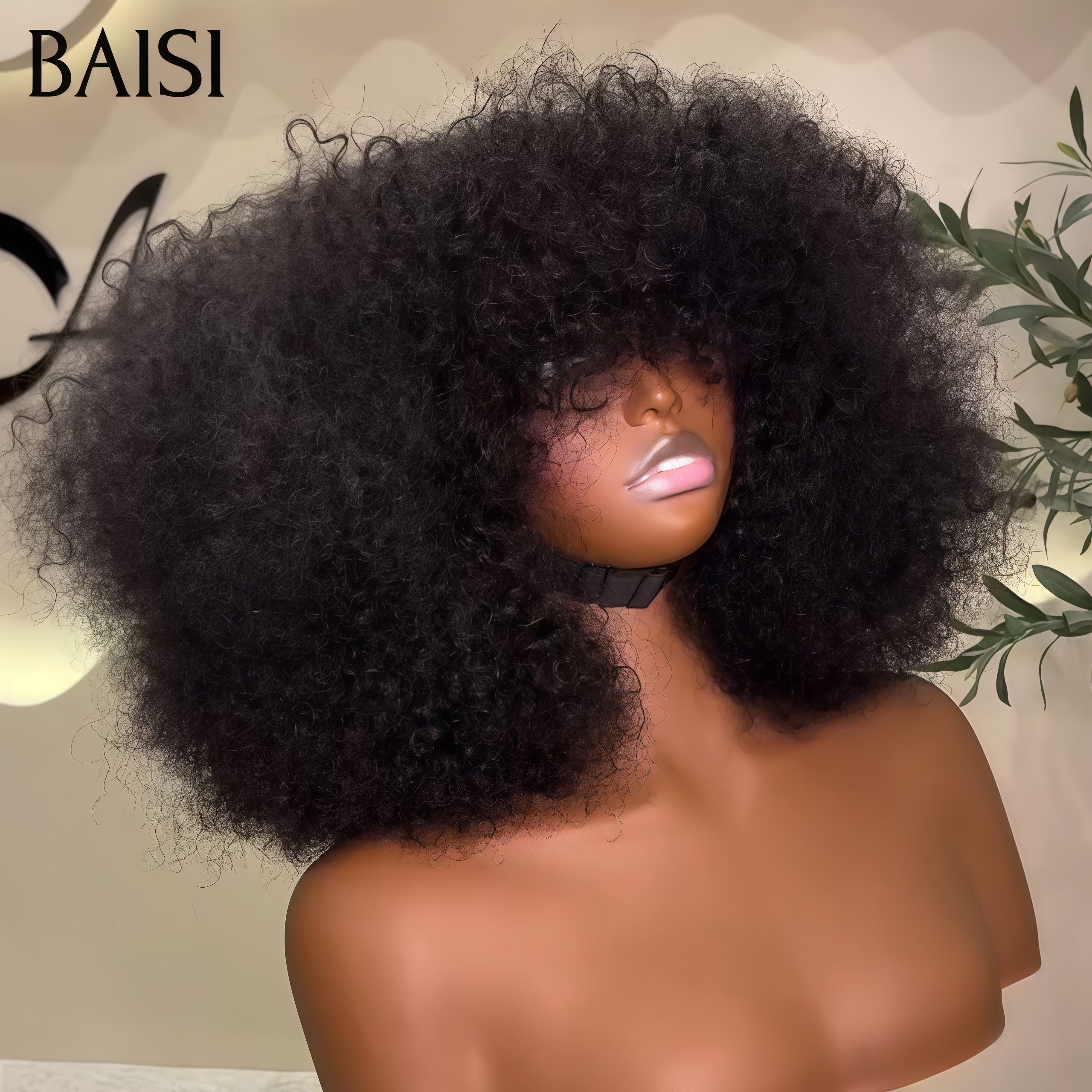 BAISI Perruques 300 grams 14 pouce 139€ bouclé curly Wave avec Frange sans Colle Fabriqué à la Machine en 100% Cheveux Humains
