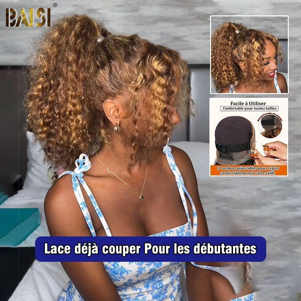 BAISI perruque Upgrade Invisible Strap 360 Frontal curly wave en Couleur marron mix miel 4#27# Lace frontale 360 invisible et réglable Pré-plucked Pas Besoin de Colle 250% densité en 100% Raw Hair Lace déjà couper