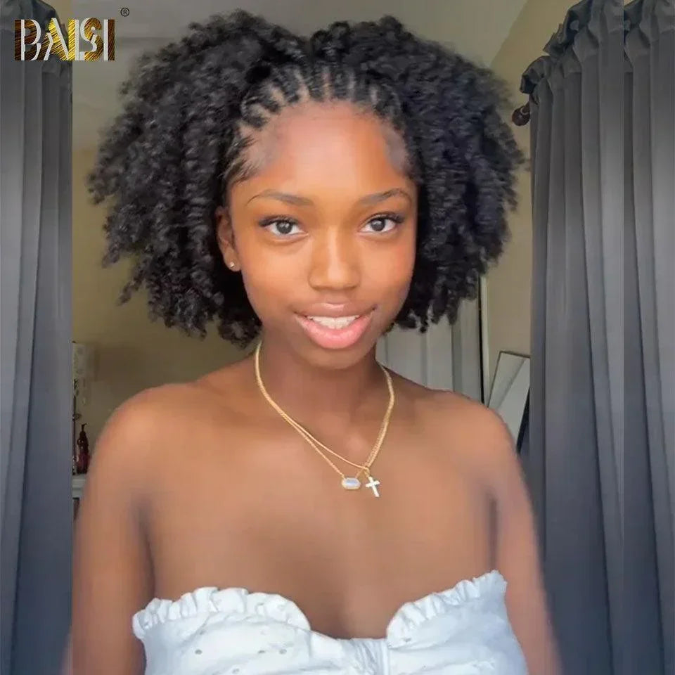 BAISI perruque Bob Afro curly Petite natte frisé frontale lace 100% cheveux humains