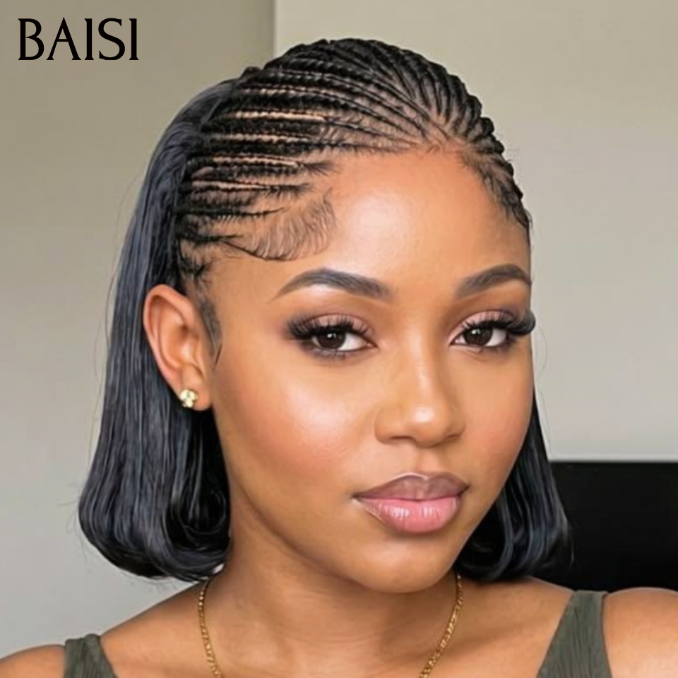 BAISI 13x6 Lace Perruque Coiffée Bob Lisse Mini Nattes Rampantes Devanture Elégantes 8Pouces 109€ En 100% Cheveux Humains