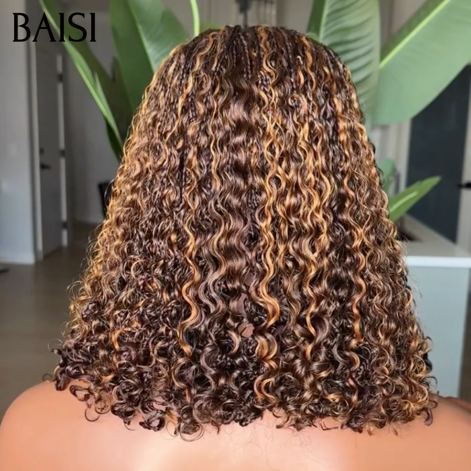 BAISI 4x4 Lace Perruque Coiffée Bouclée Curly Couleur Marron Miel 4/27# Demi Nattes Charmantes En 100% Cheveux Humains