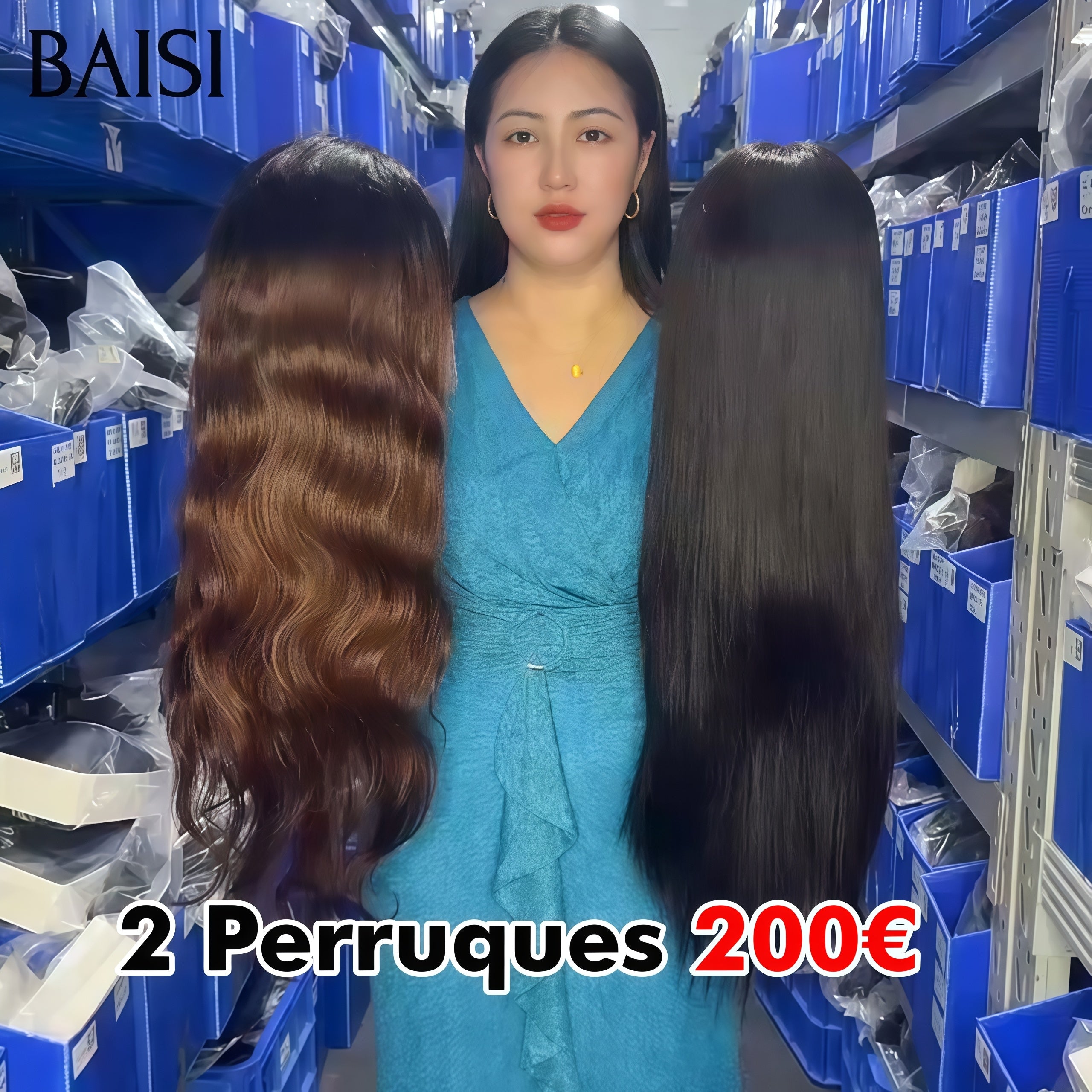 BAISI Lot de 2 perruques 200€ 13X4 lace frontal Body wave 250% Densité Marron et Lisse NOIR en 100% vrais cheveux humains