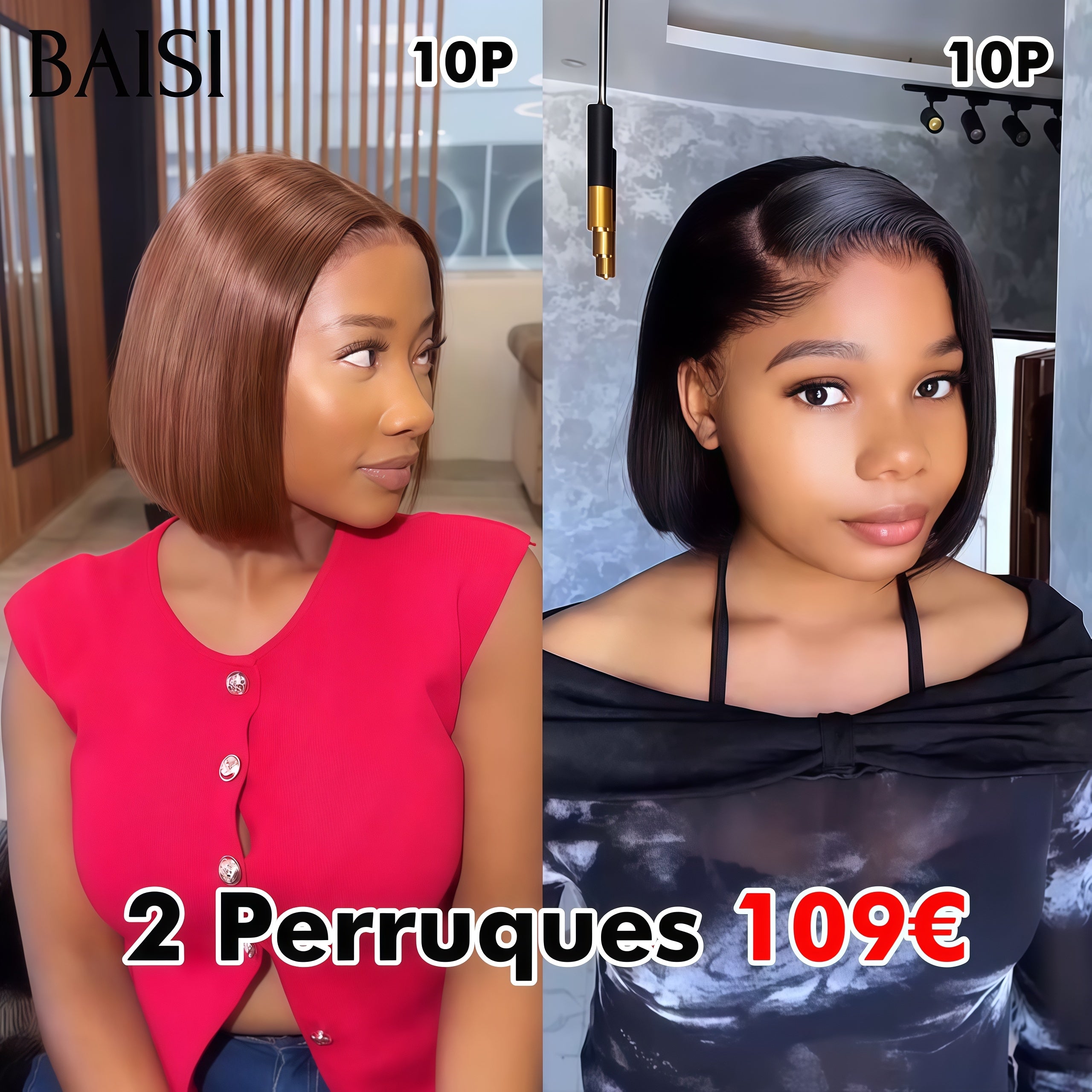 BAISI 2 perruques pixie Offre spéciale 109€ 13X4 lace frontal lisse 10 pouces noir et marron en 100% vrais cheveux humains