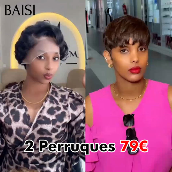 BAISI Lot de 2 perruques 79€ 13X4 lace frontal pixie NOIR et sans lace marron lisse en 100% vrais cheveux humains