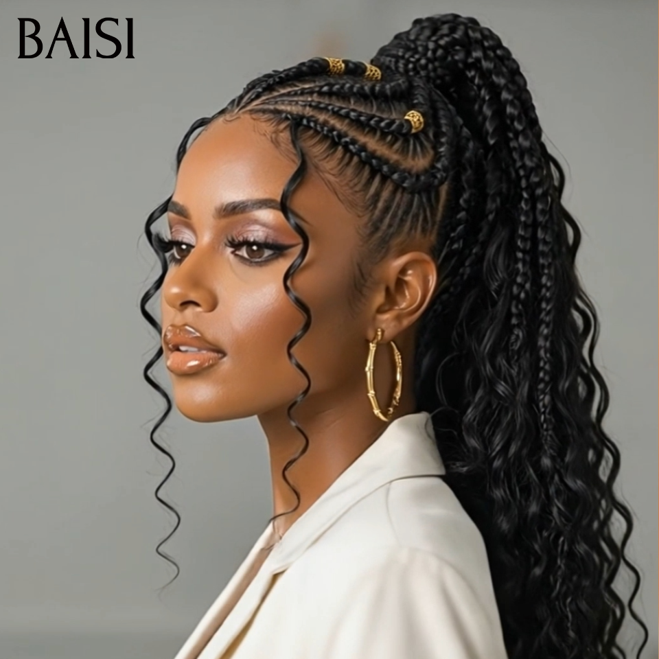 BAISI 13x6 Lace Perruque Coiffée Curly Devantures Nattes Styles En Vagues 26Pouces Couleur Noir 1B# Elégante en 100% Cheveux humains