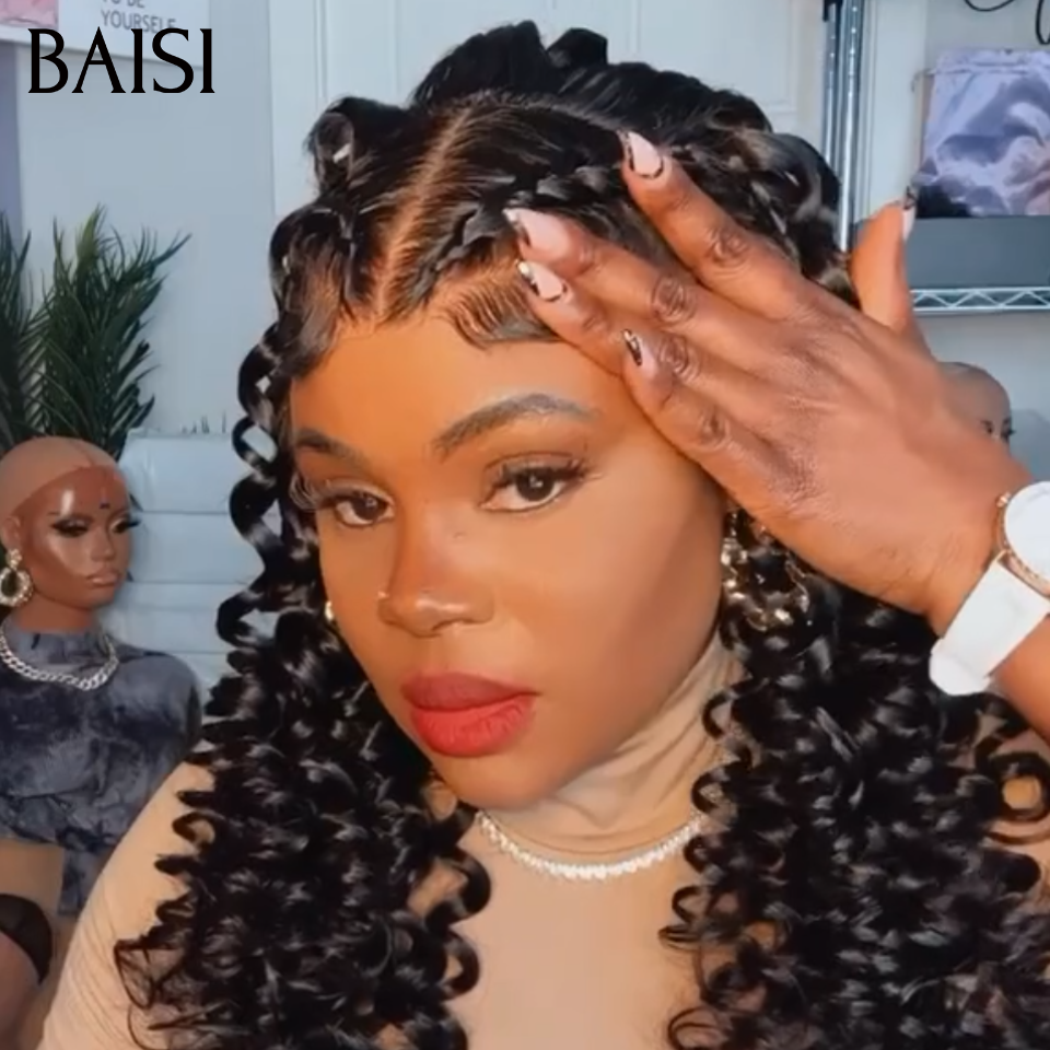 BAISI 13x4 Lace Perruque Coiffée Curly Wave 18pouces 165€ Déjà Natté Prête A Porter Pour les Evènèments en 100% Cheveux Humains