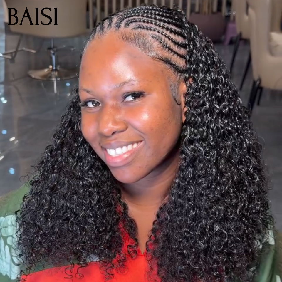 BAISI 13x6 Lace Perruque Coiffée Curly 18Pouces 168€ Couleur Noir 1B# Nattes En Feuille de Paille Contre Chaleur Super Qualité en 100% Cheveux Humais