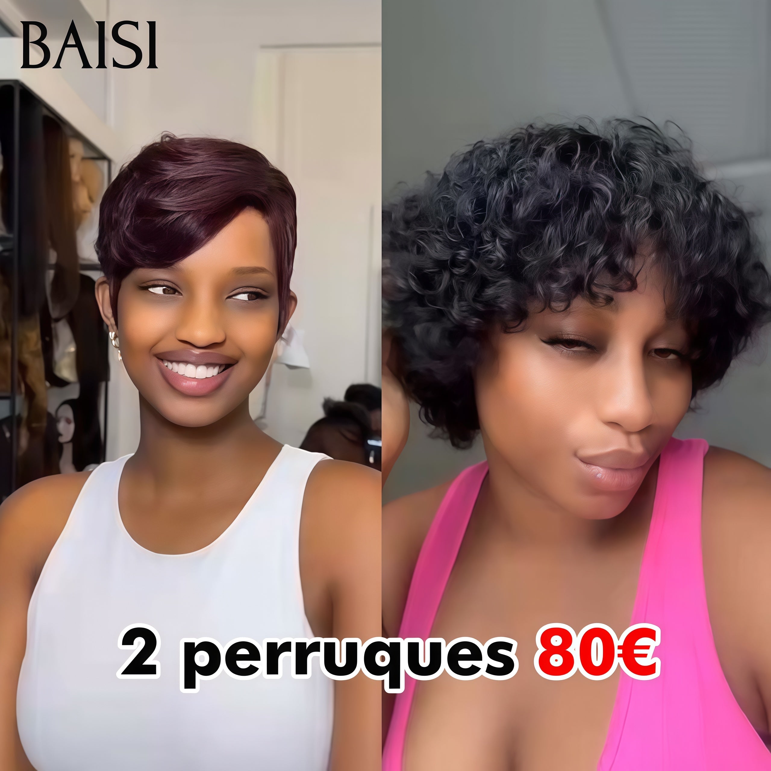BAISI 2 perruques pixie Offre spéciale 80€ 13X4 lace frontal pixie Bordeaux et sans Colle curly wave en 100% vrais cheveux humains
