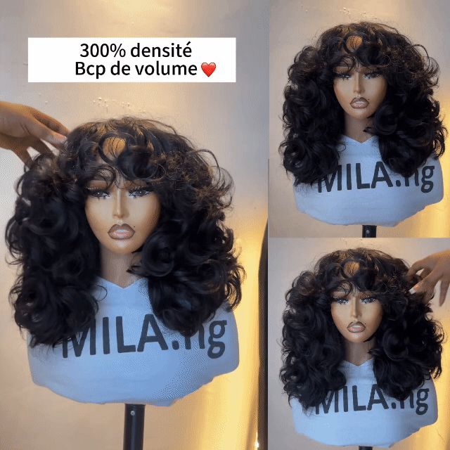 BAISI Perruques san lace de Luxe Egg Wave avec Frange 18 pouces 300%densité 100% Cheveux Humain