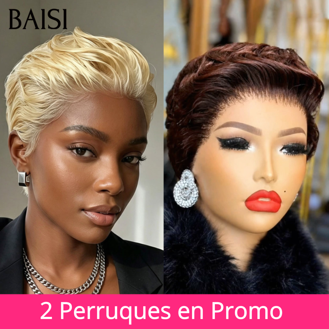 BAISI 13x4 Lace Lot de 2 Perruques Promo Pixie Lisse Blonde 613# et Marron 4# 100% Identiquee Prix très Abordable enen 100% Cheveux humains