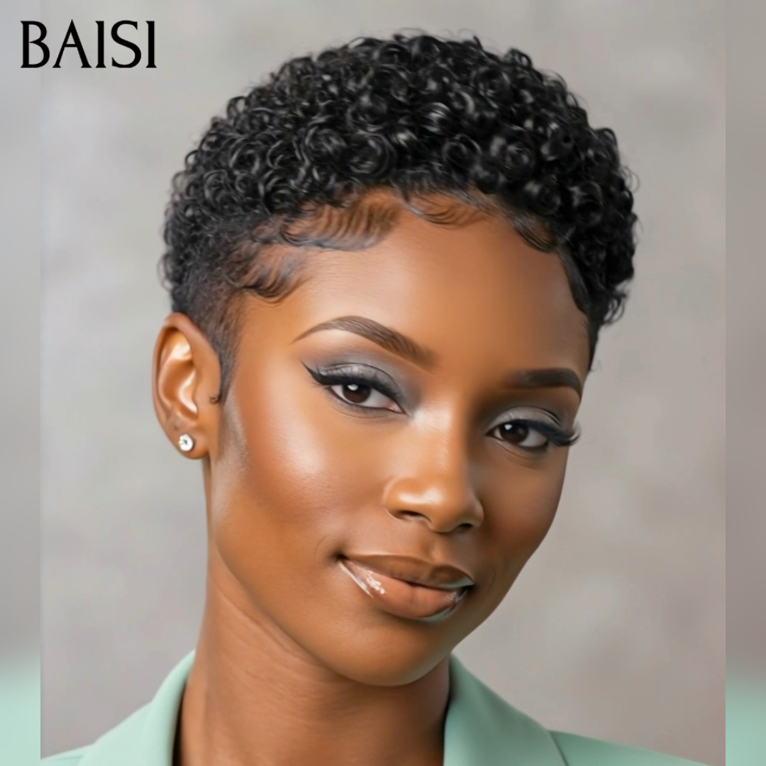 BAISI 13x4 Lace Perruque Déjà Coiffée Pixie Curly Courte Noir 74€ Seulement Coupe Garçon 100% Identique Déjà Prête A Porter en 100% Cheveux humains
