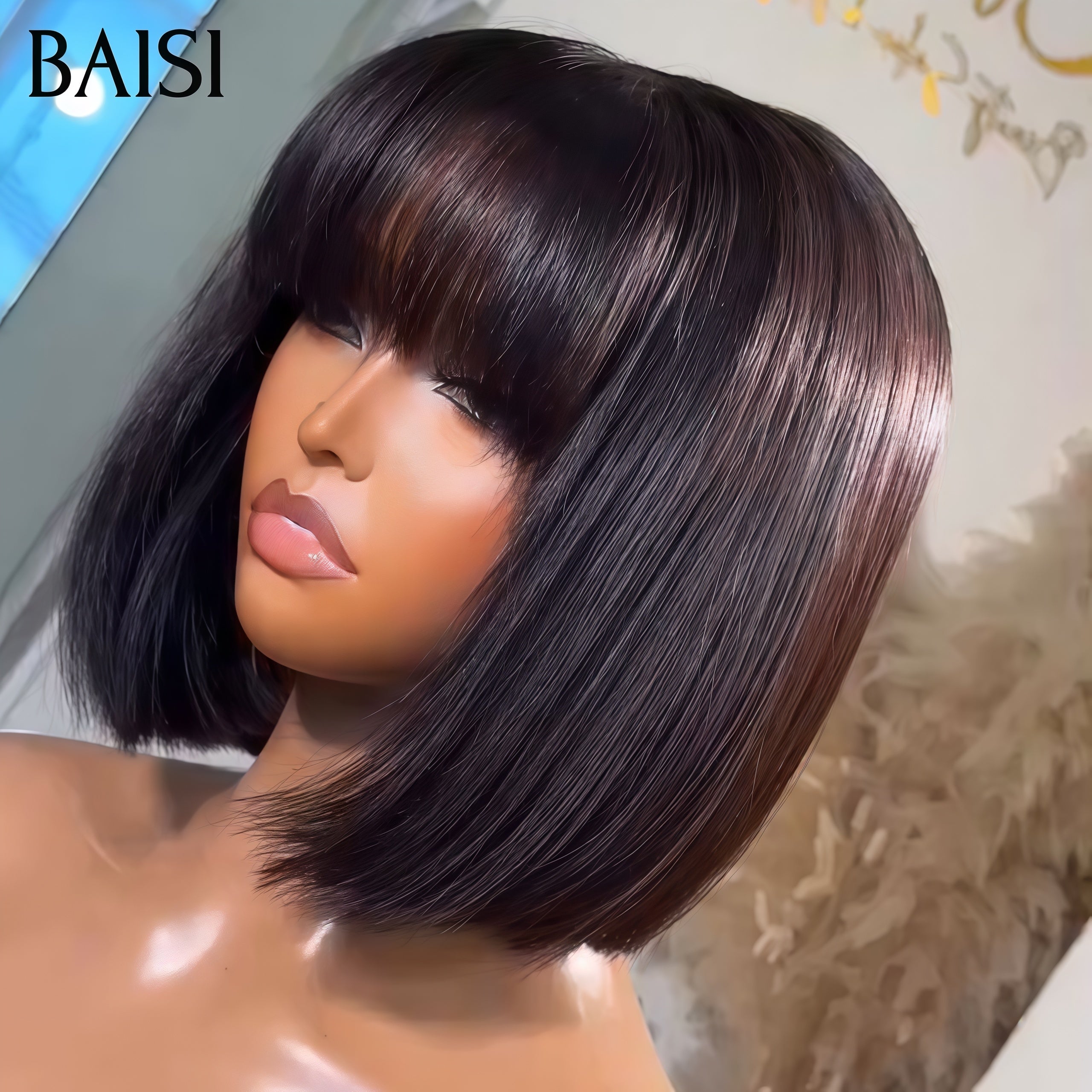 BAISI bob afro encaracolado 45€ preto sem cola sem renda em cabelo 100% humano feito à máquina FR38