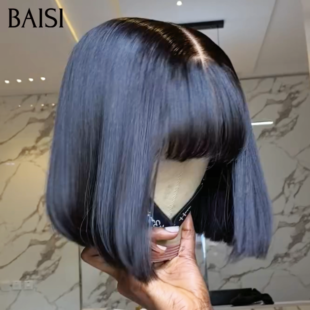 BAISI Perucas de Luxo Lisas com Franja, Fabricadas com Cabelo Double Drawn e Risca Natural ao Meio, B Vietnam Hair, Densidade 250%, Mais de 20 Anos de Utilização MP50