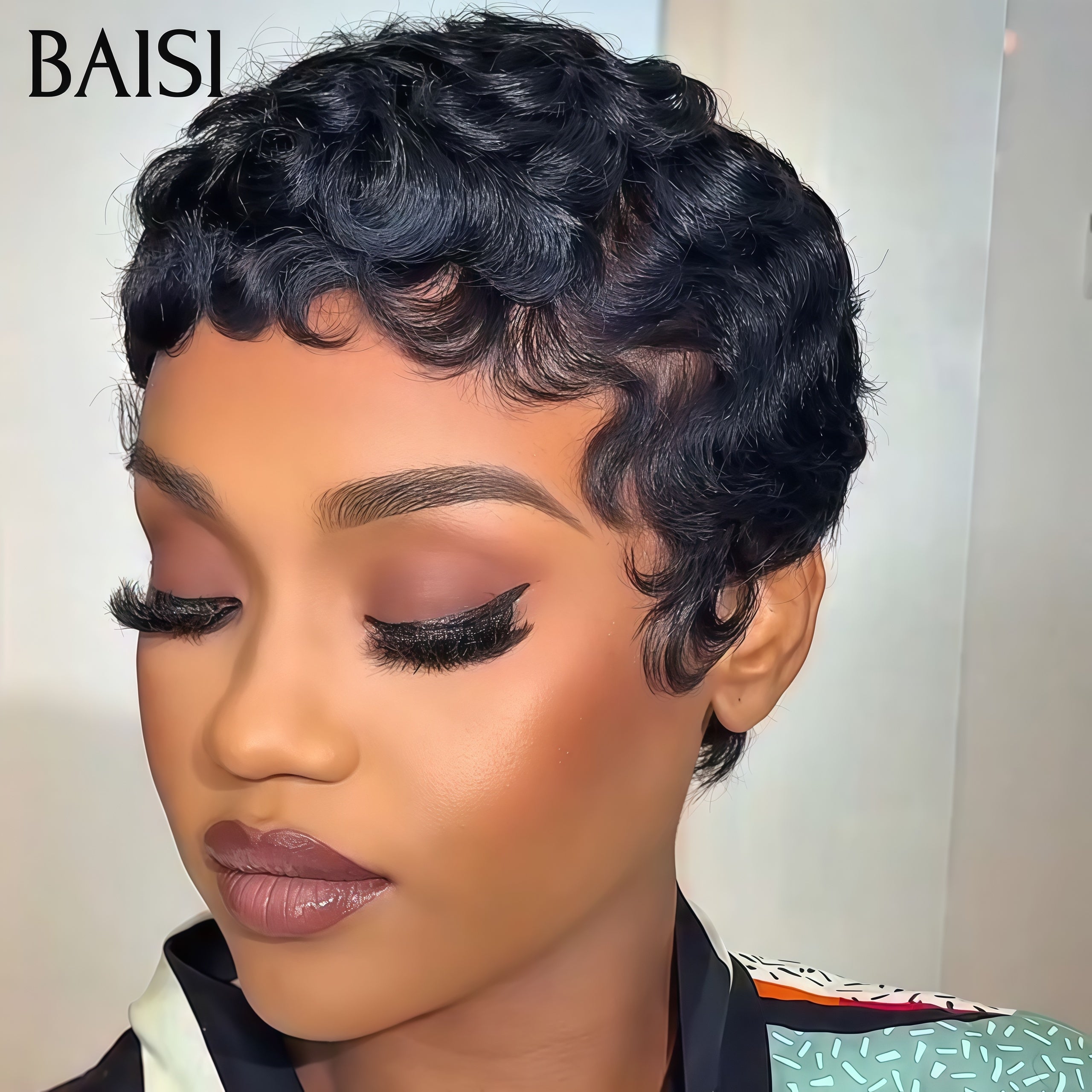 BAISI Perruques Chioma pixie finger wave 200% densité noir avec frontal 55€ ou sans lace 50€ en 100% Cheveux Humains BS60