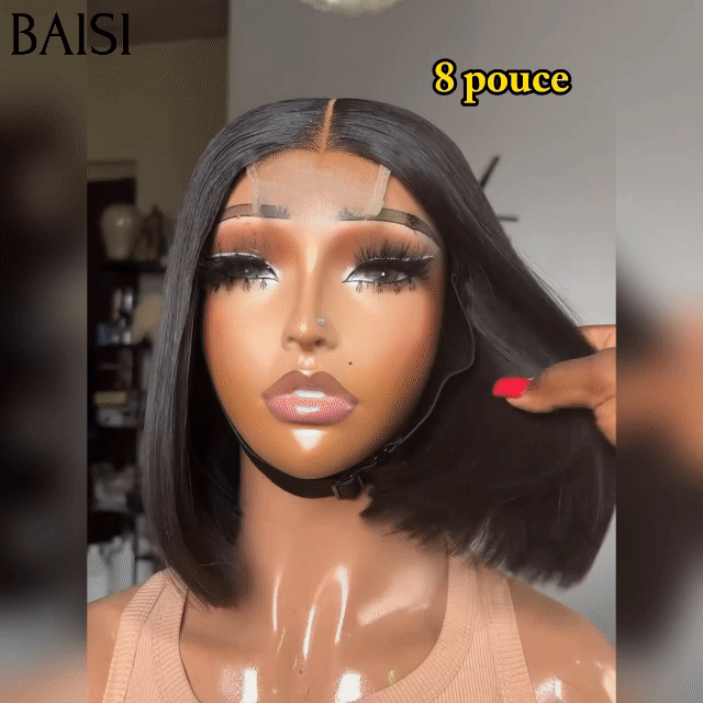 BAISI Perruques de Luxe Viêtnam Hair 2X6 Lace Perruque BOB Noir Lisse en 100% Cheveux Humains Vietnam Hair 300% densité plus de 20 ans d' utilisations