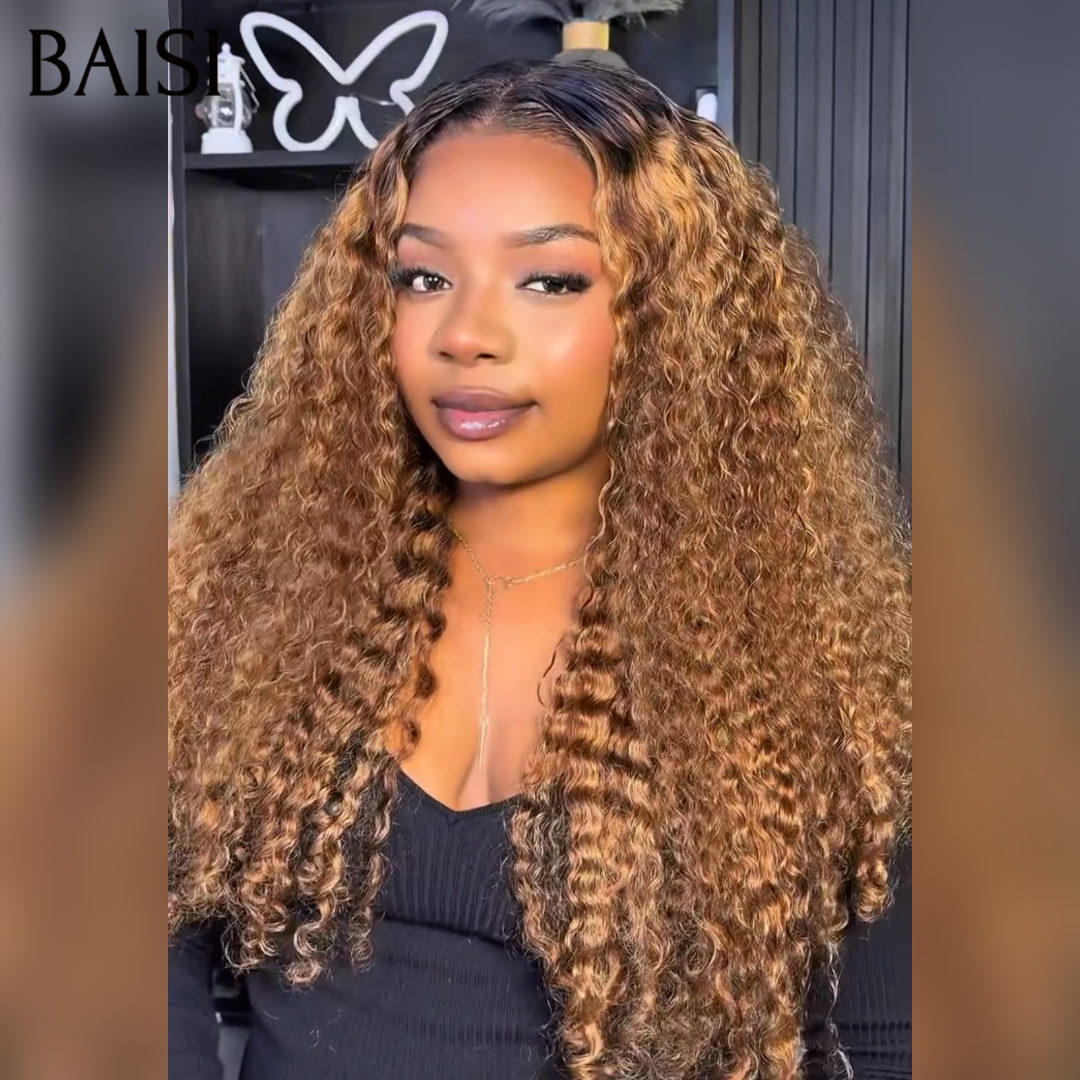 BAISI 13x4 Lace Perruque Curly Wave Bouclée Couleur Noir Miel 4/27# Qualité Garantie Prix Très Abordable en 100% cheveux humains