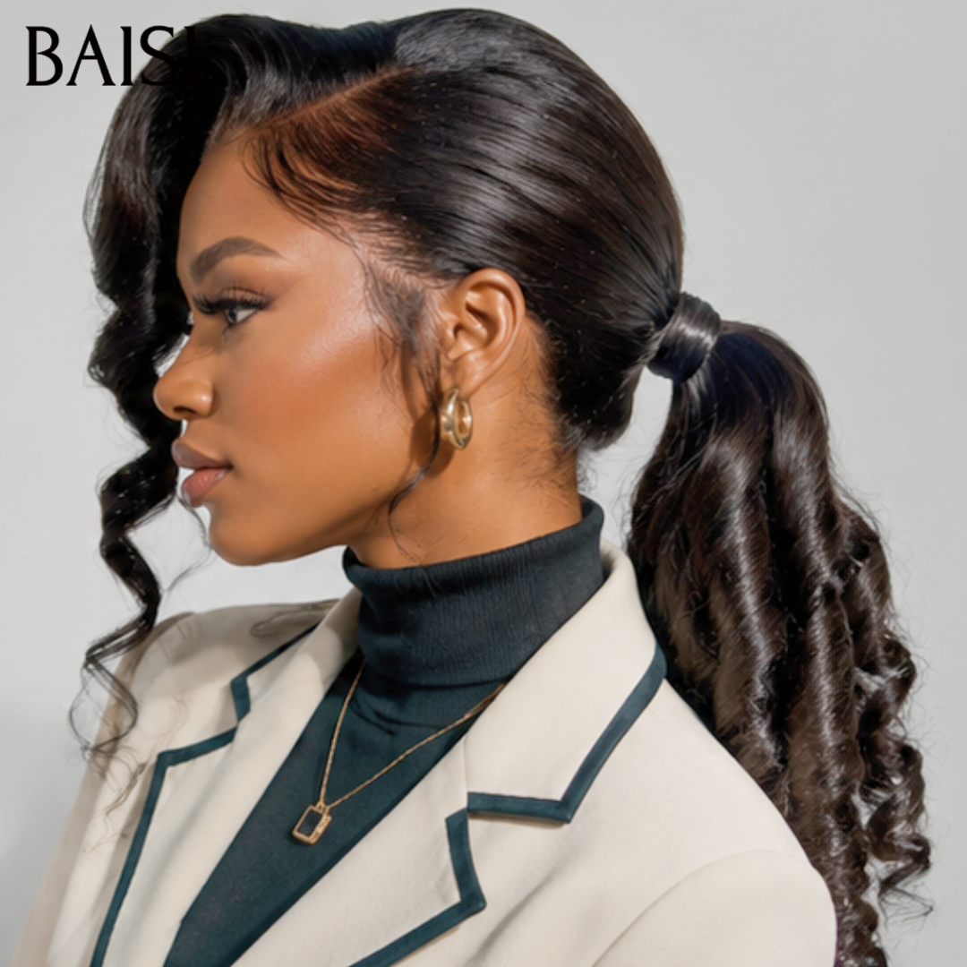 BAISI 13x4 Lace Perruque Déjà Coiffée Boucle Egg Wave Couleur Noir 20pouces 266€ 100% Vietnam Hair Meilleure Qualité en 100% Cheveux humains