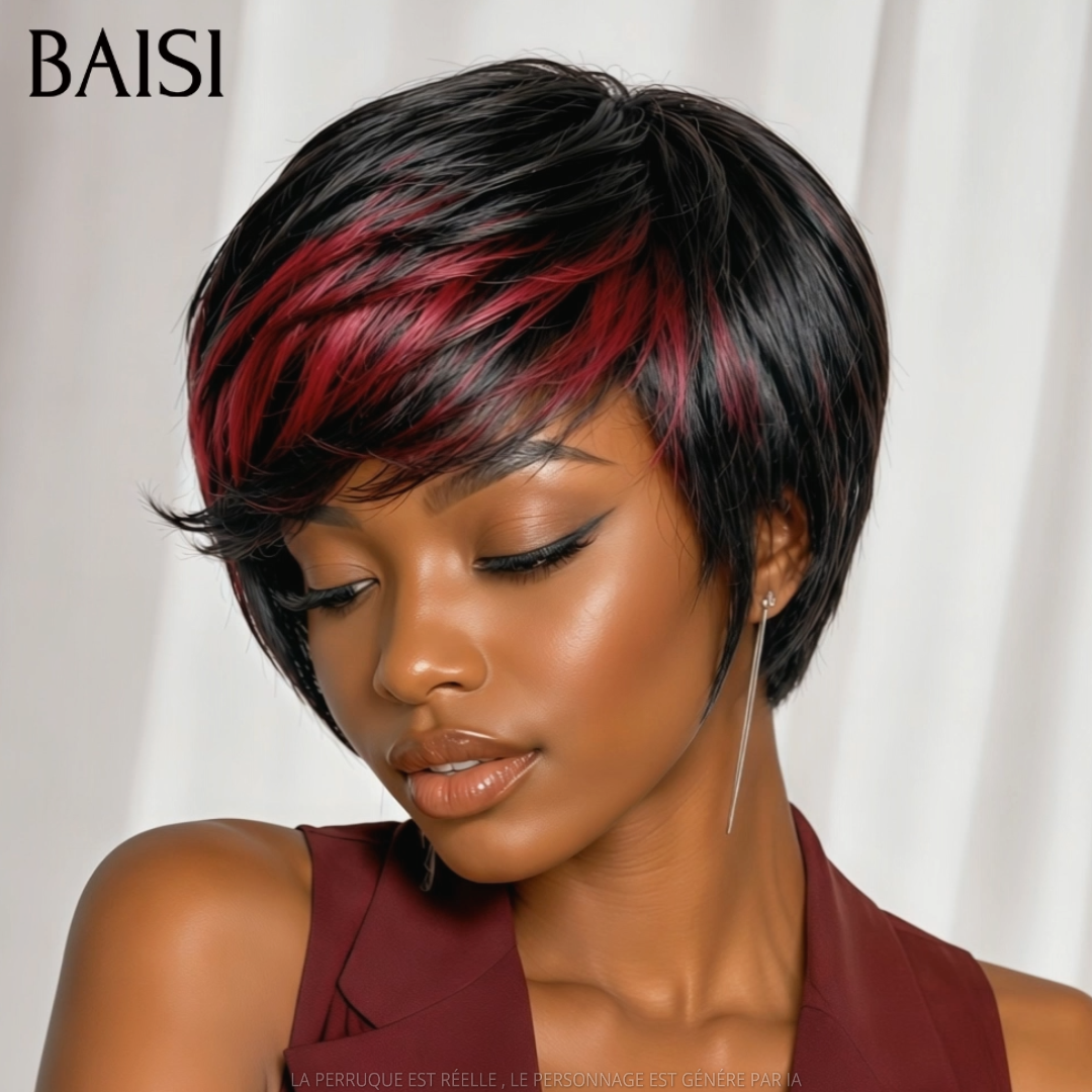BAISI Perruque Pixie Courte 68€ En couleur Noir mèches Rouge Sans Colle Sans Lace Haute Qualité En 100% Cheveux Humains