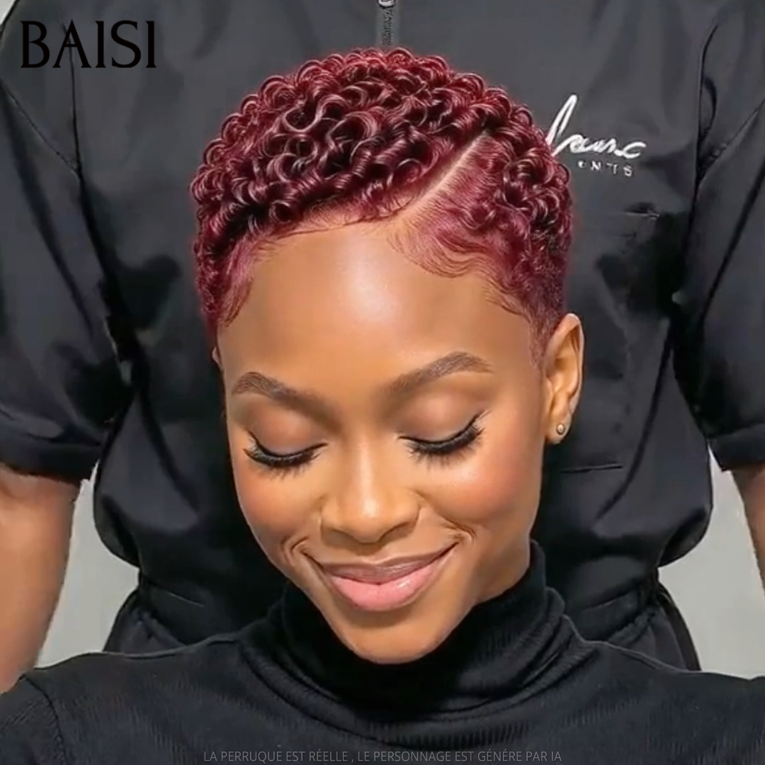 BAISI 13x4 Lace Perruque Pixie Curl Courte Rouge Bordeaux 79€ Modèle Unique Avec Raie Rayonnante en 100% cheveux humains