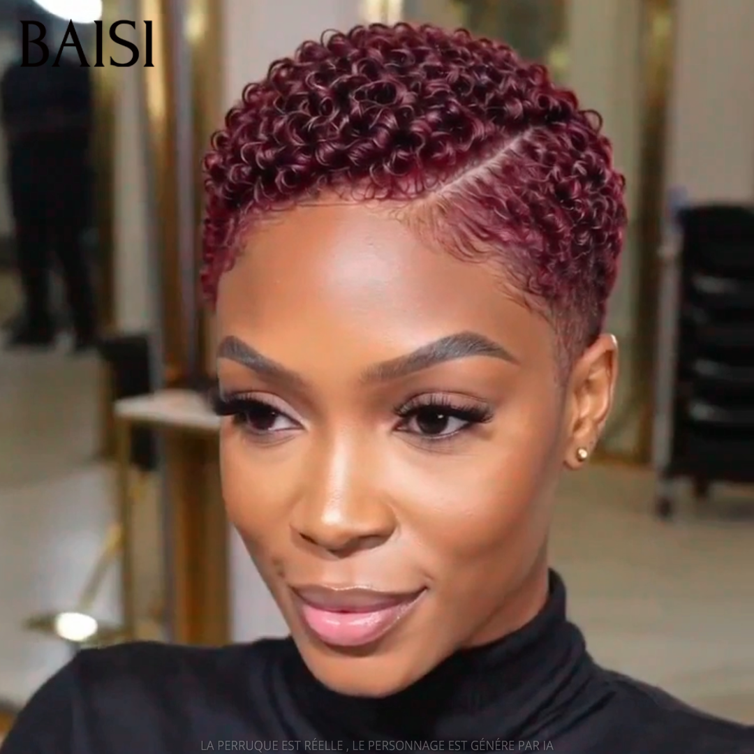 BAISI 13x4 Lace Perruque Pixie Curl Courte Rouge Bordeaux 79€ Modèle Unique Avec Raie Rayonnante en 100% cheveux humains