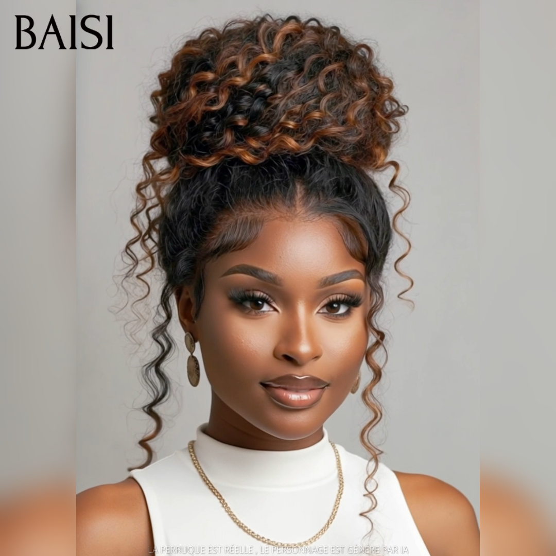BAISI 13x4 Lace Perruque Déjà Coiffée Curly Couleur Noir et Marron 18pouces 129€ Très charmante et Contre Chaleur en 100% Cheveux humains